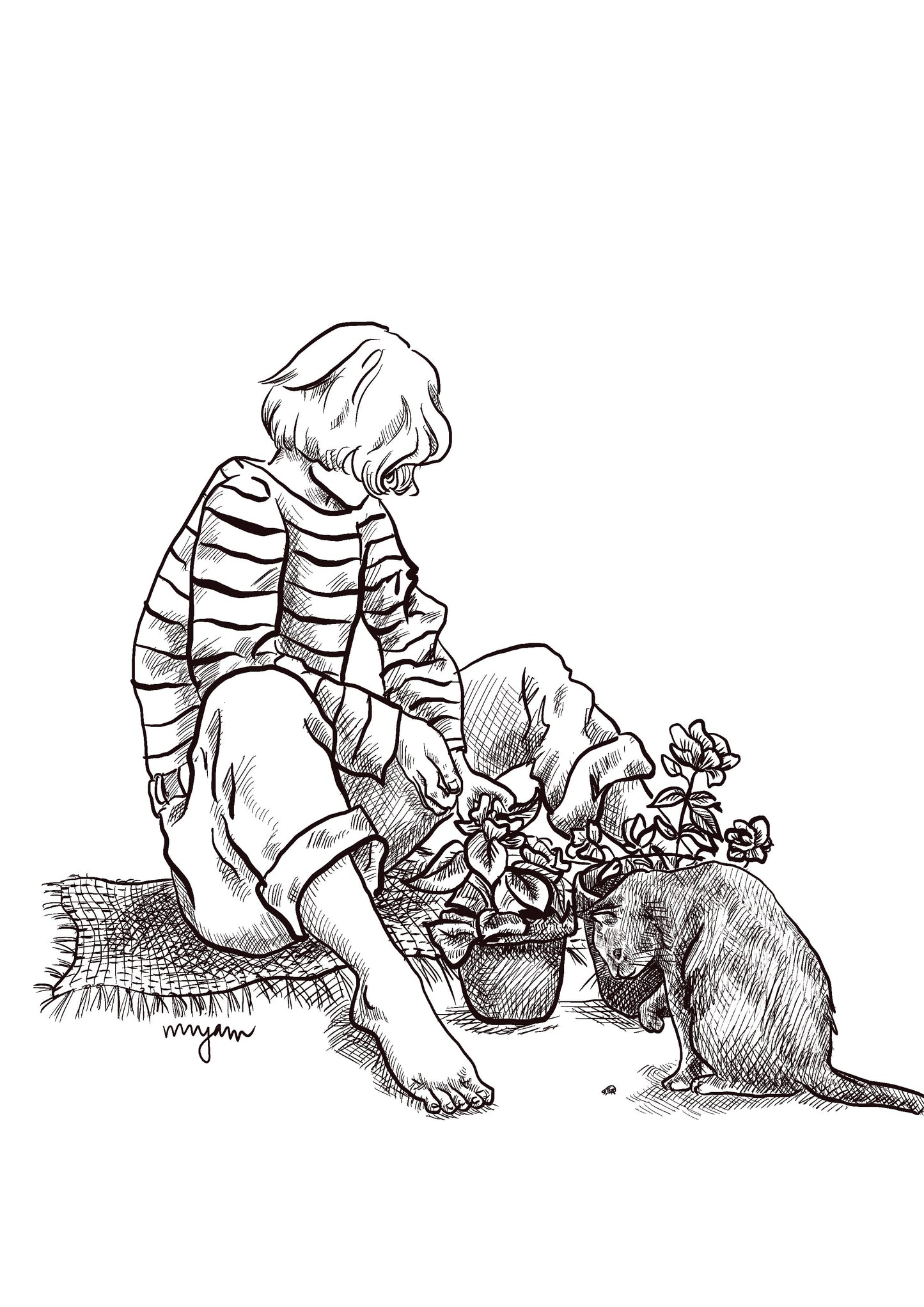 Potting Season - ink pen art illustration print of a woman and a cat potting in the garden