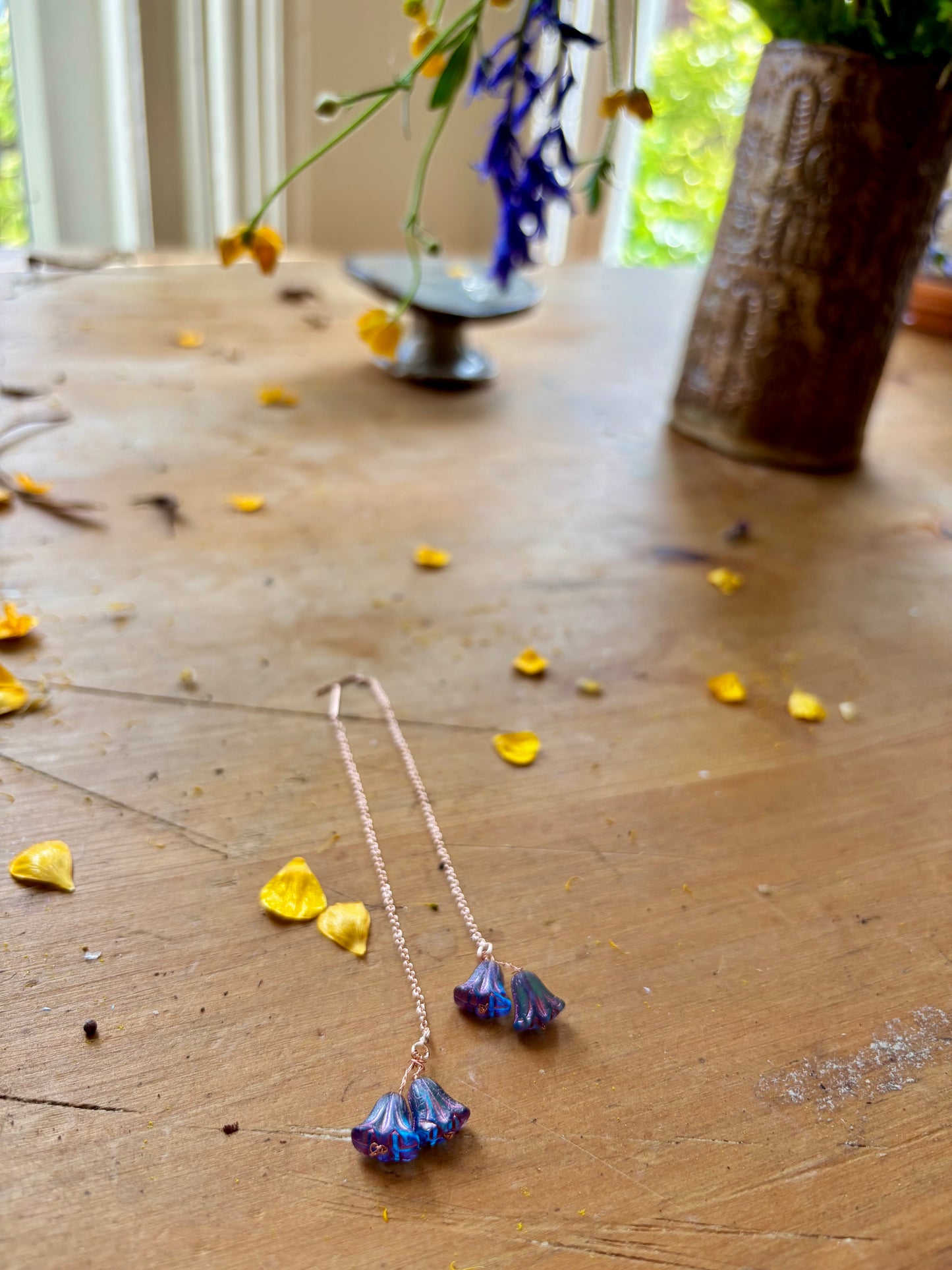 Bluebell glass flower sterling silver thread drop earrings . Perfect gift