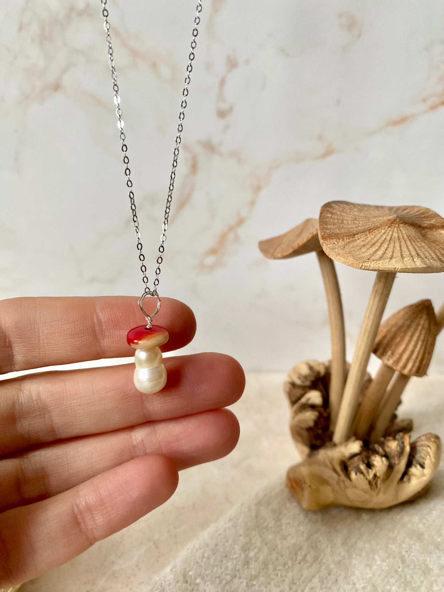 sterling silver glass red mushroom and pearl necklace pendant