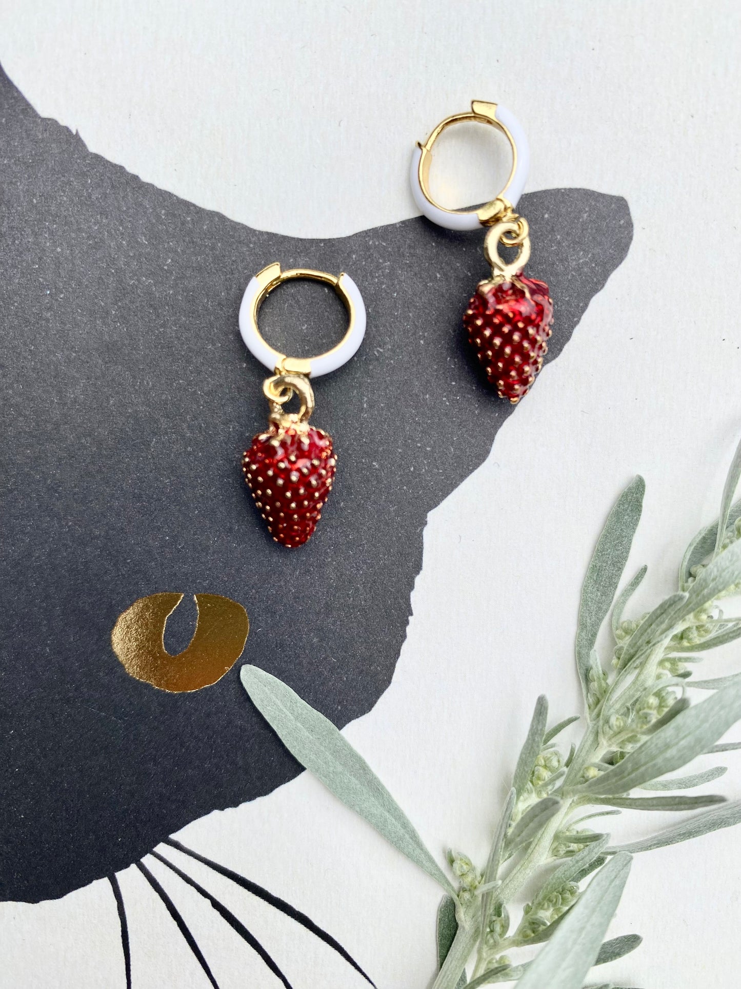 Mini white enamel and gold hoop earrings with wild strawberry beads. Perfect gift.