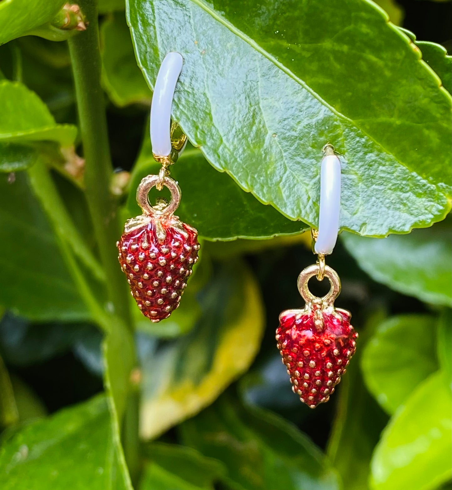 Mini white enamel and gold hoop earrings with wild strawberry beads. Perfect gift.