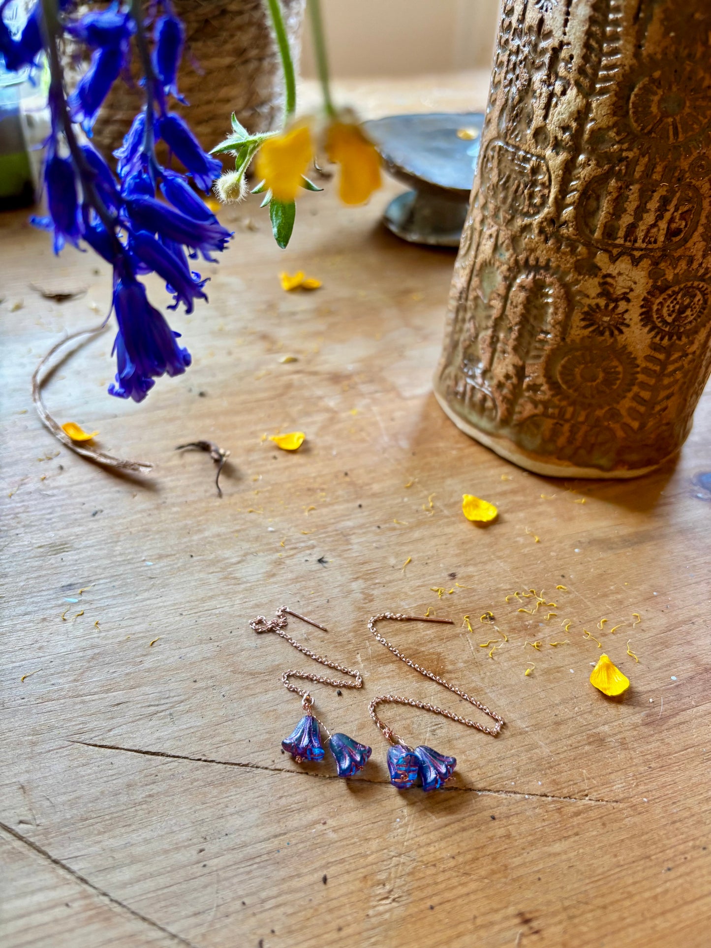 Bluebell glass flower sterling silver thread drop earrings . Perfect gift