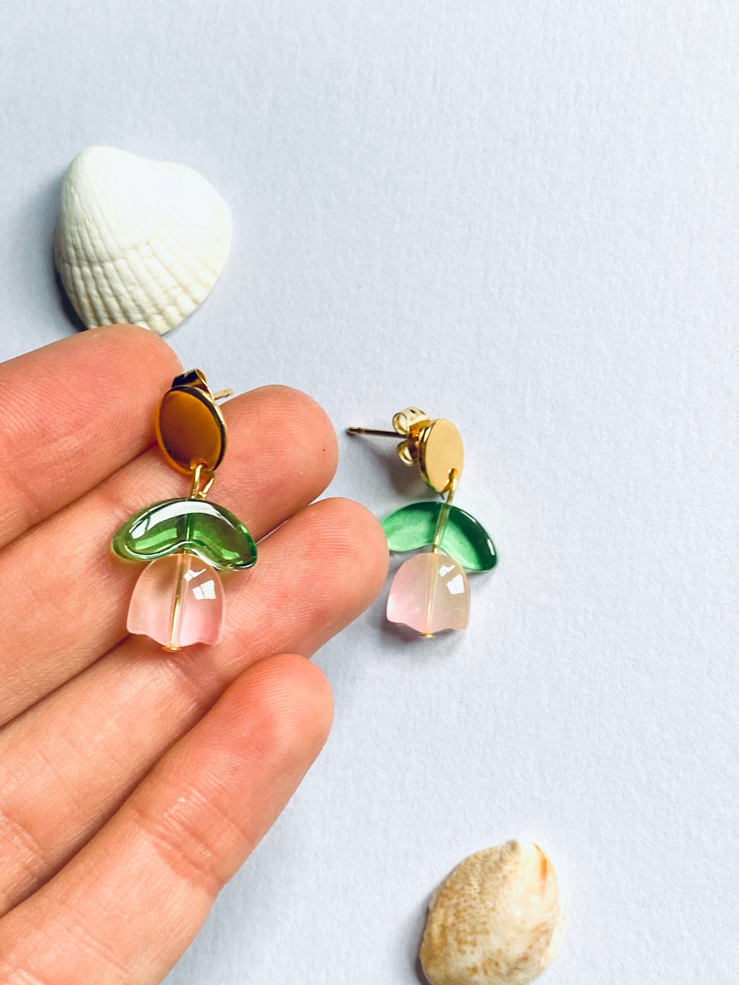 Glass tulip flower stud earrings. Pastel Pink / green leaves