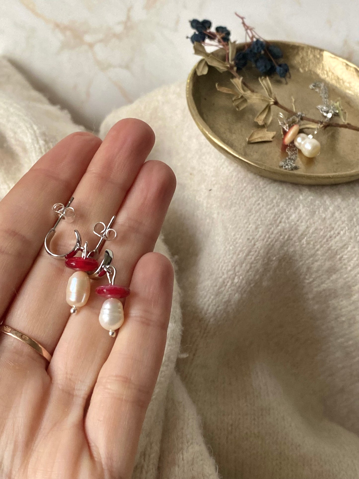 sterling silver glass red mushroom and pearl hoop earrings