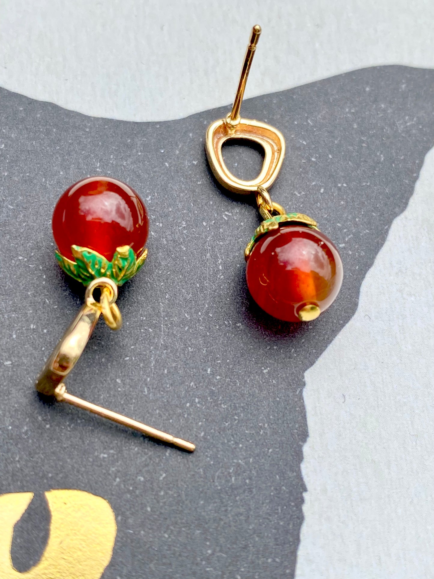 Mini orange fruit earrings with carnelian crystal beads. Perfect gift.