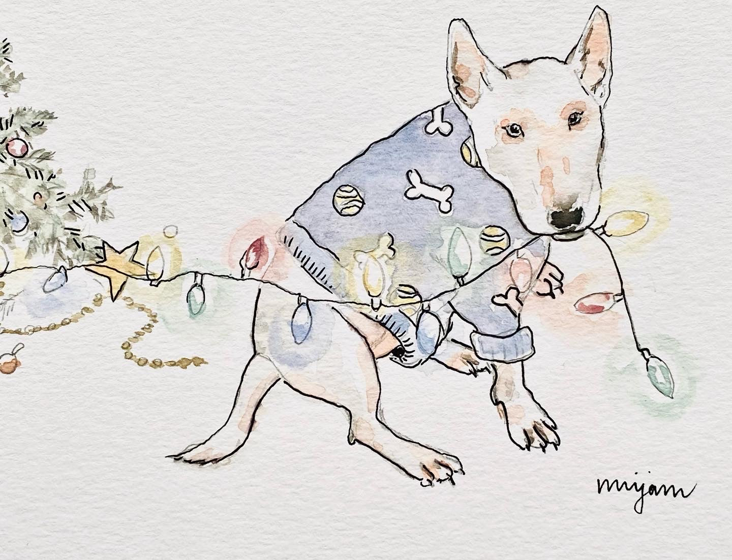 Trouble Maker, Christmas card print watercolour painting art of a naughty dog Bull terrier next to a fallen over Christmas tree.