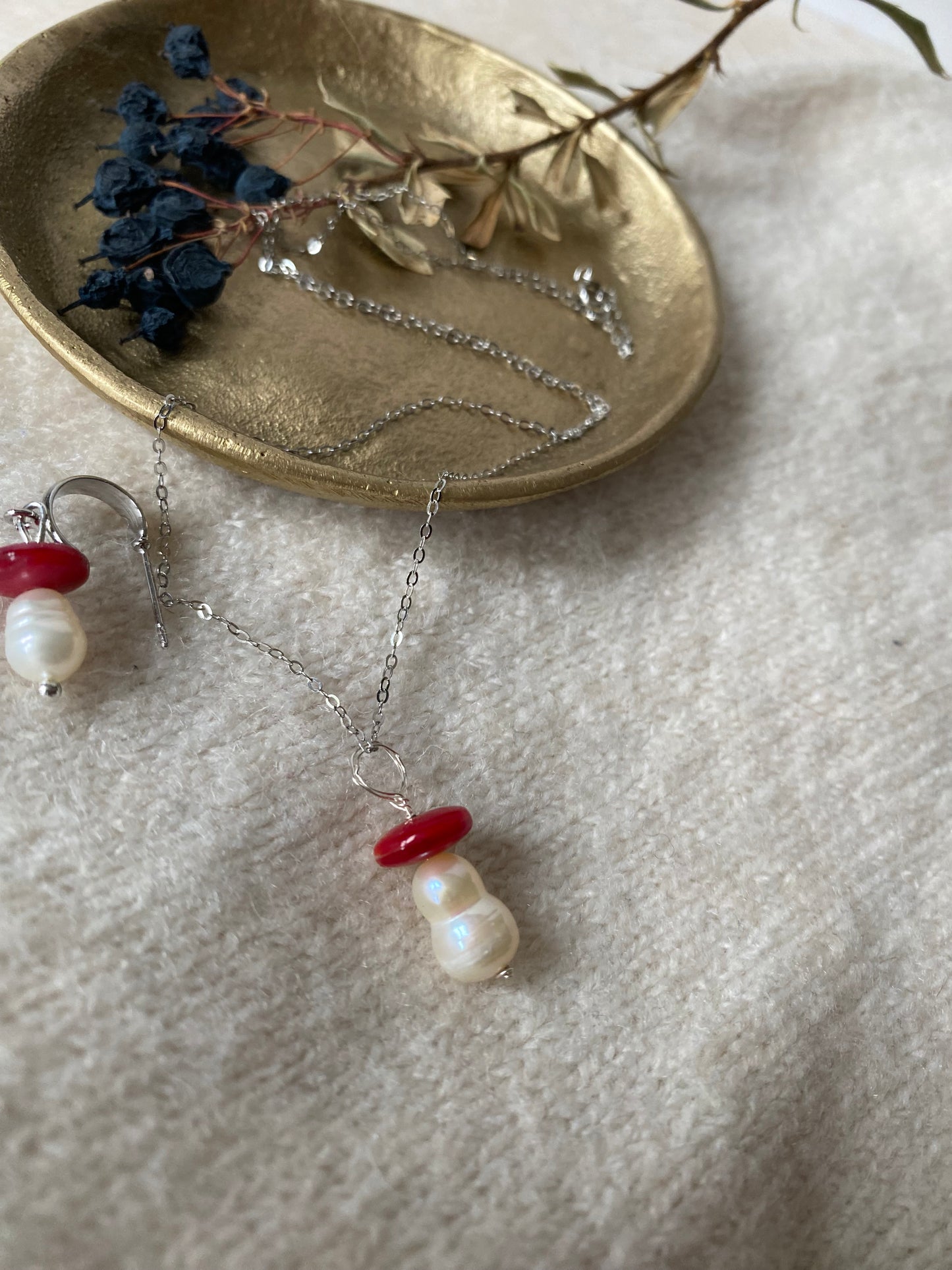 sterling silver glass red mushroom and pearl necklace pendant