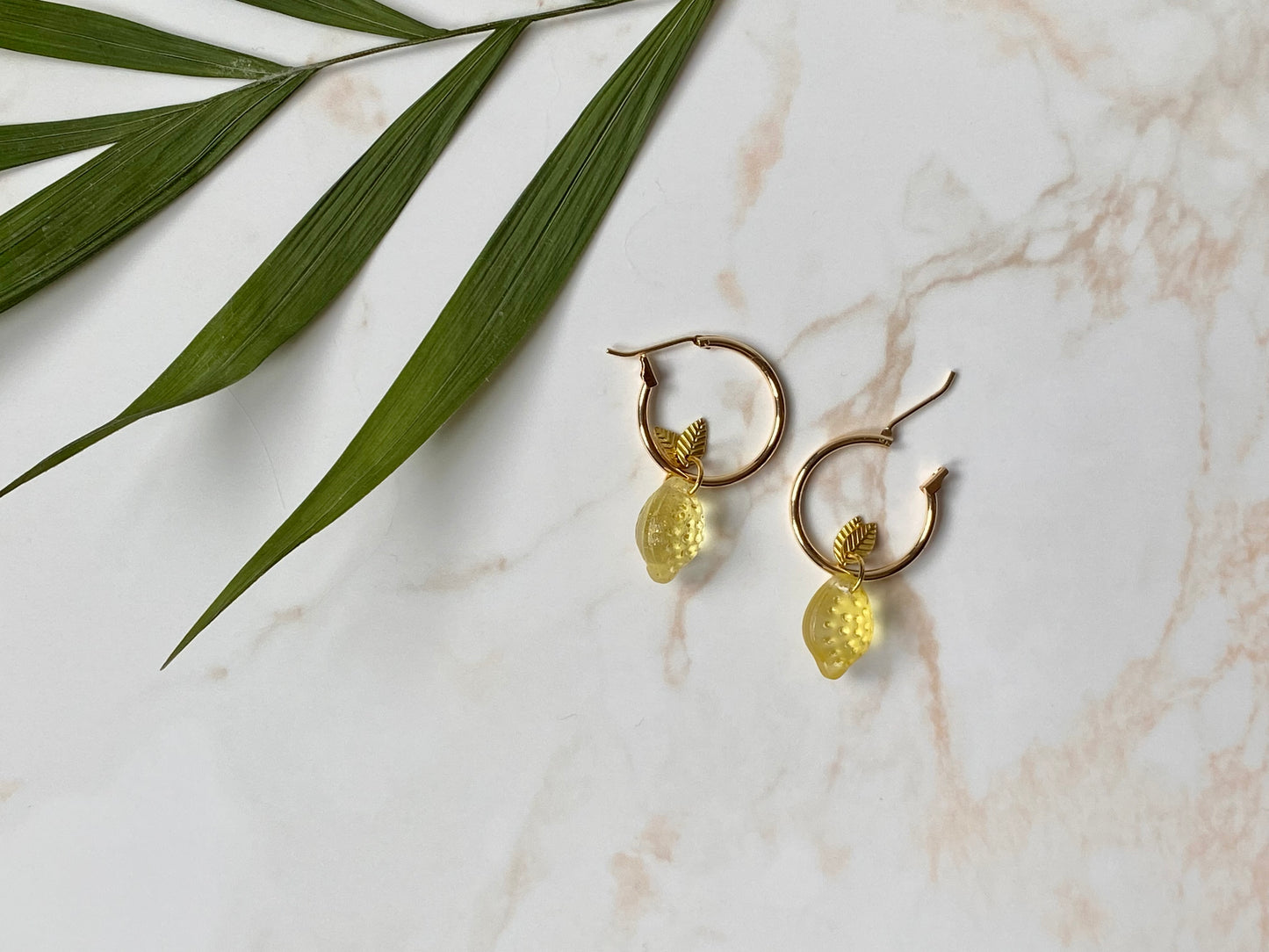 18k Gold plated hoop earrings with glass lemon beads. Perfect gift.