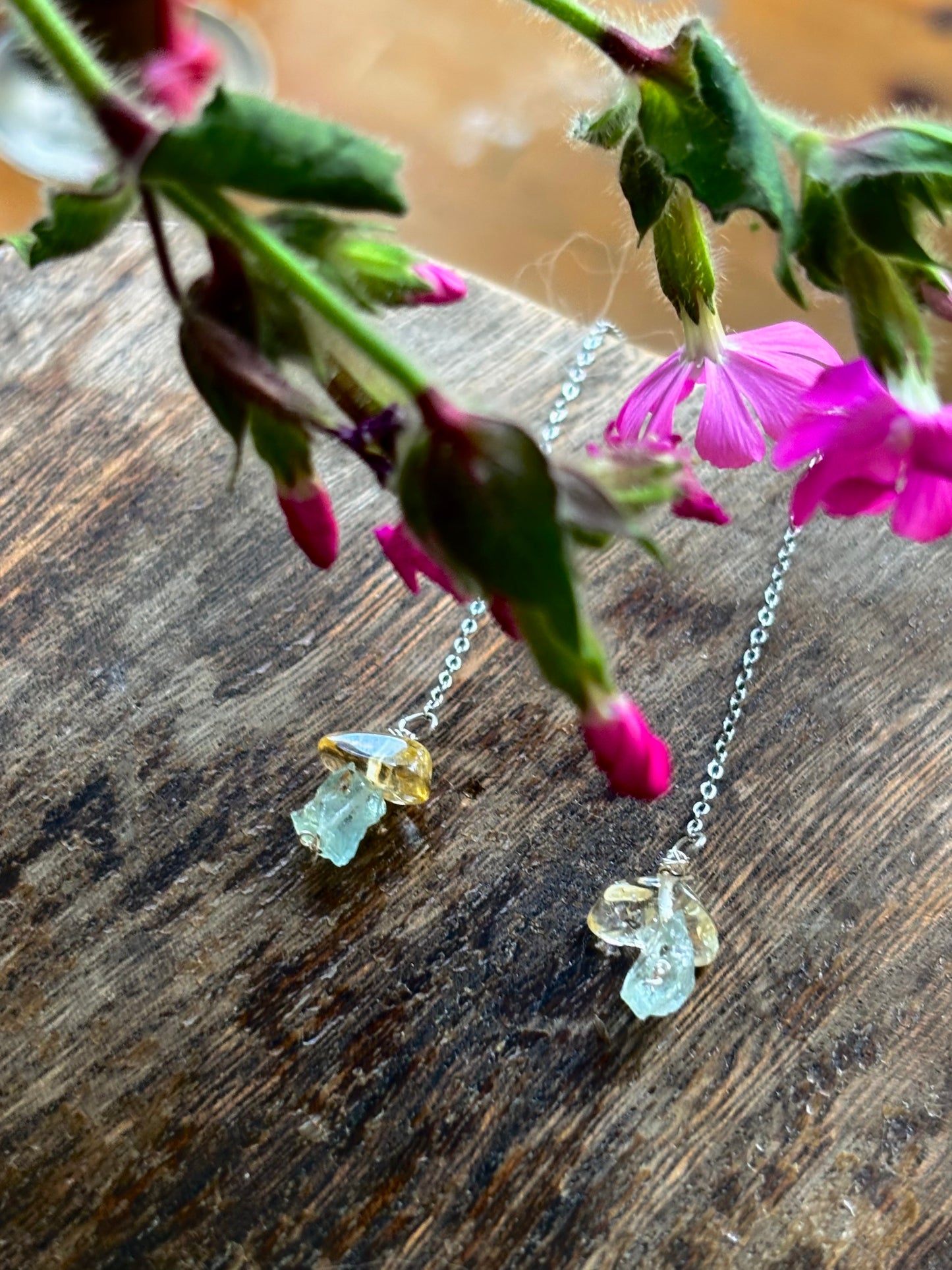 Handmade sterling silver aquamarine and citrine gemstone crystal long dangle earrings
