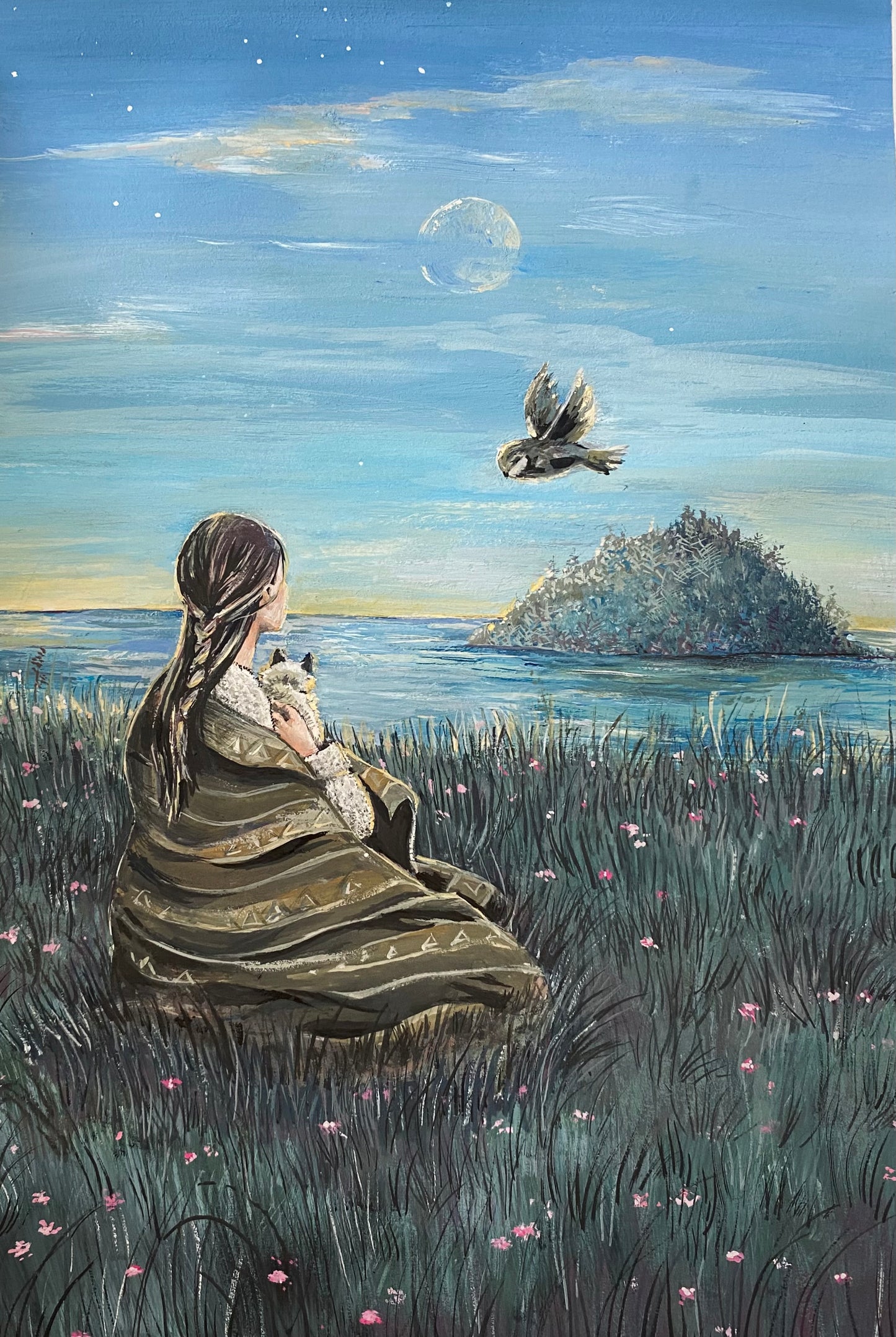 Dusk , a scenic painting Giclee print of a woman, cat and an owl