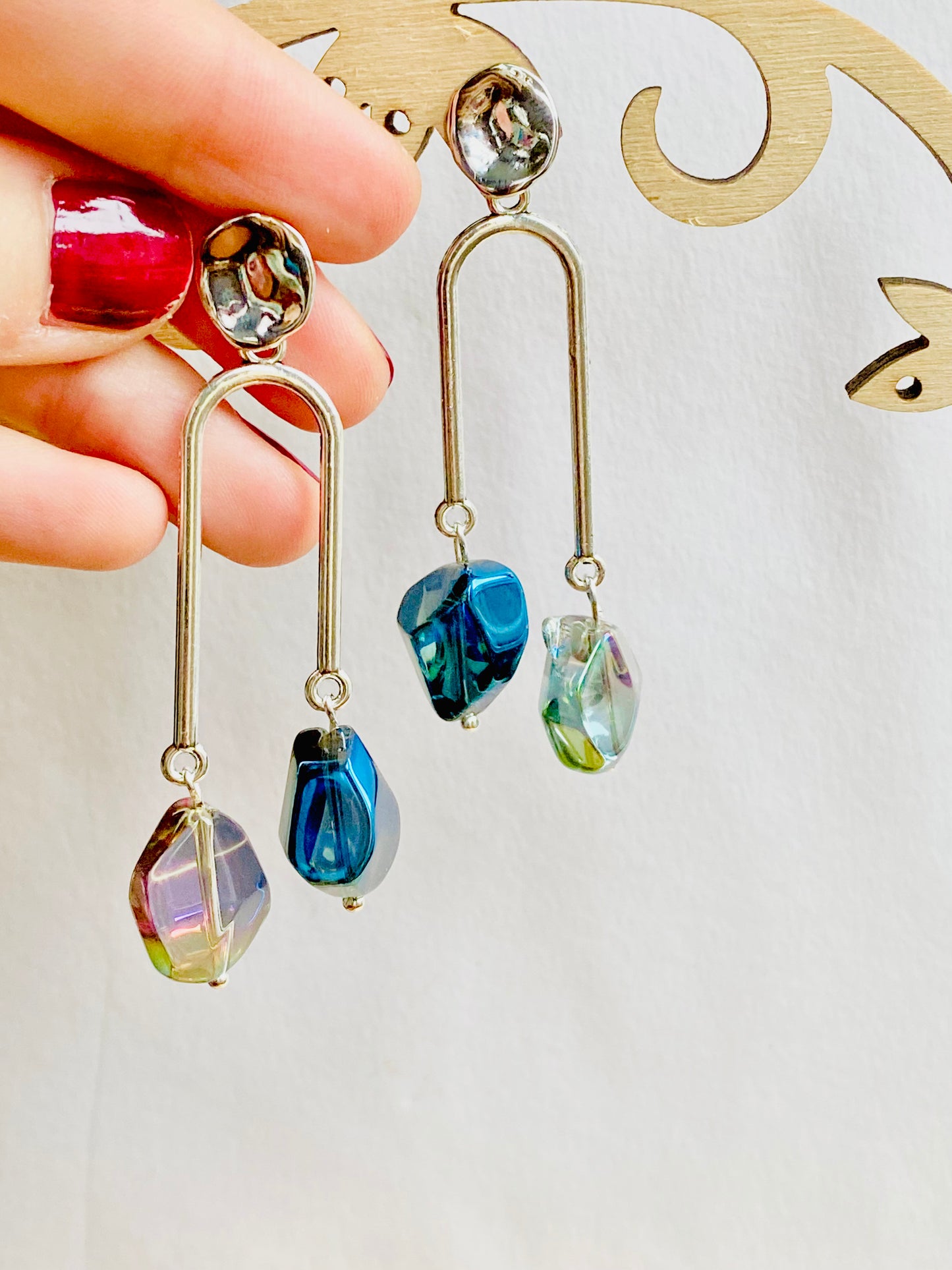 Silver plated geometric asymmetrical drip earrings with shiny unusual nugget electroplated blue / green hue glass beads