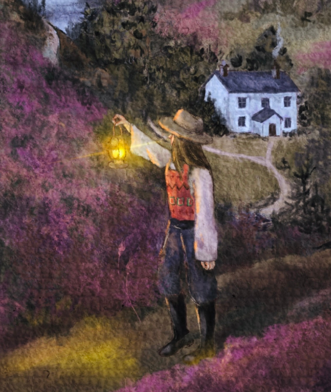 Heather - gouache painting art illustration print ofof a woman walking in Scottish Highlands