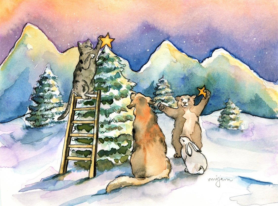 Tree Decorating - Festive Christmas card print of forest animals