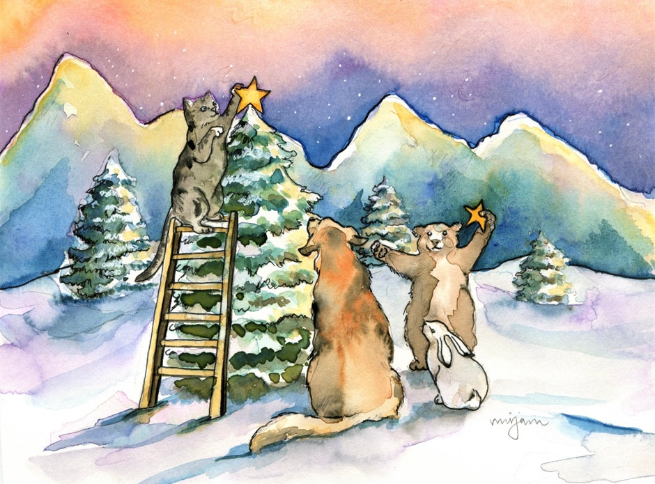 Tree Decorating - Festive Christmas card print of forest animals