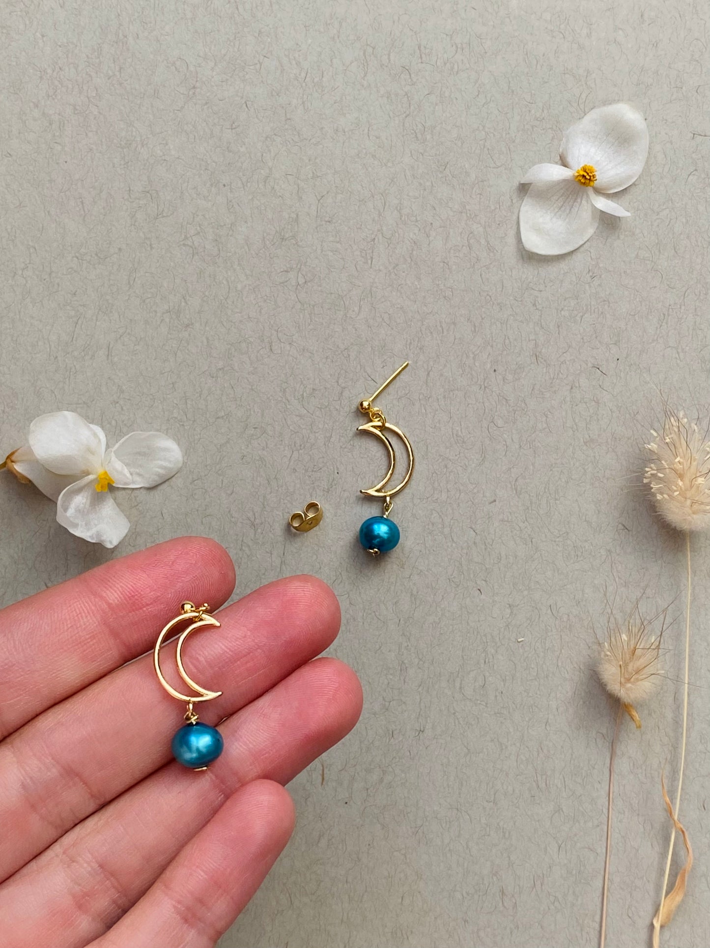 Crescent Moon earrings with blue pearls