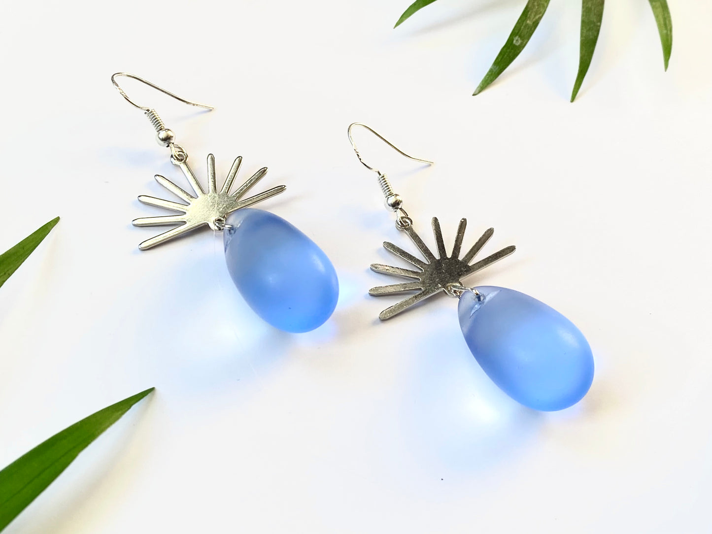 Silver Sun and Blue Glass Teardrop earrings