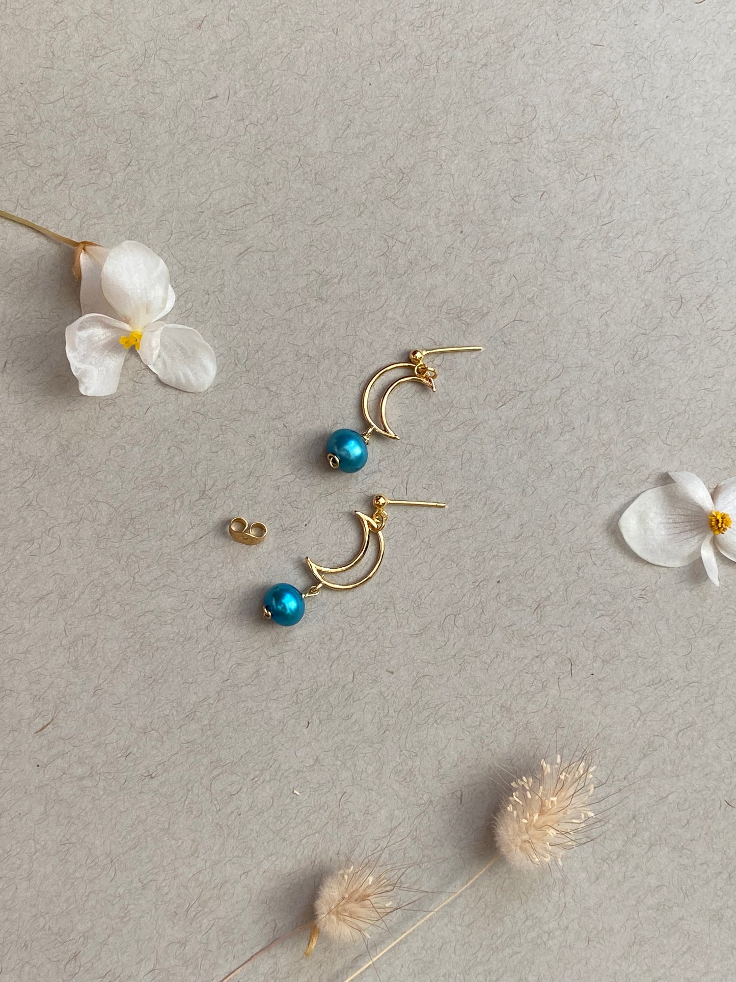 Crescent Moon earrings with blue pearls