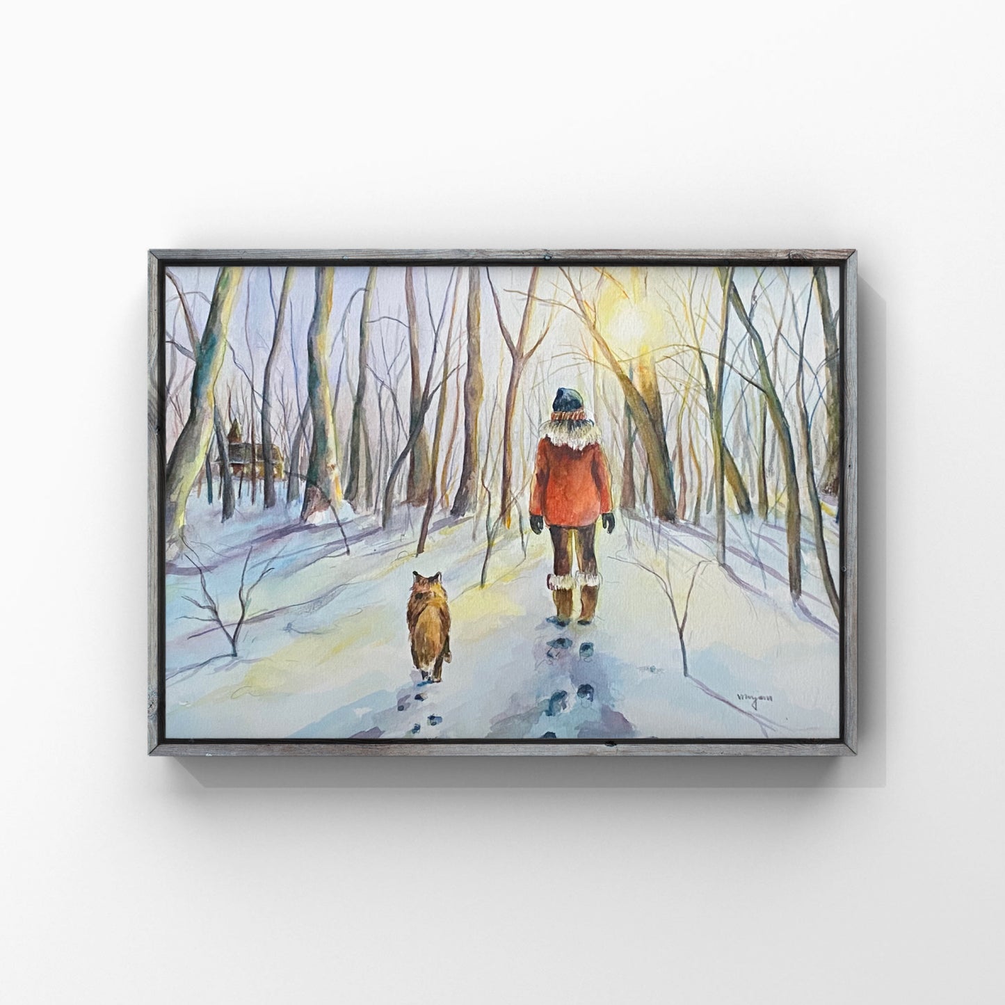 Snowy Walk - a giclee print of a girl and a fox walking in scenic wintery forest landscape. Scandinavian landscape folk art Christmas card