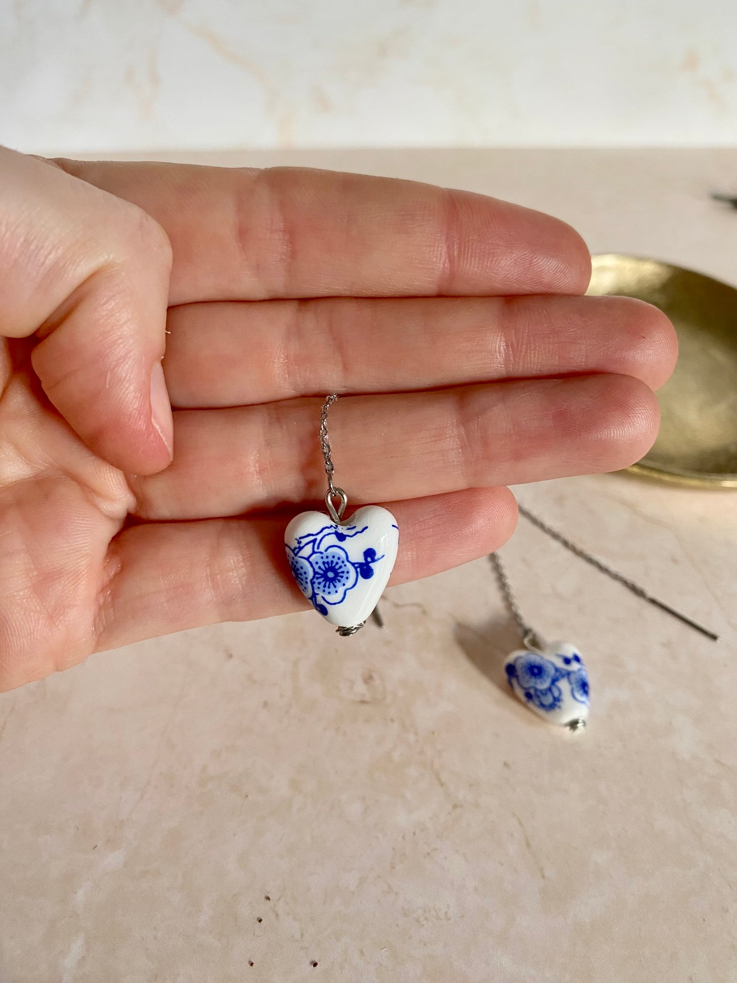 Puffy ceramic white and blue heart drop earrings. Perfect gift