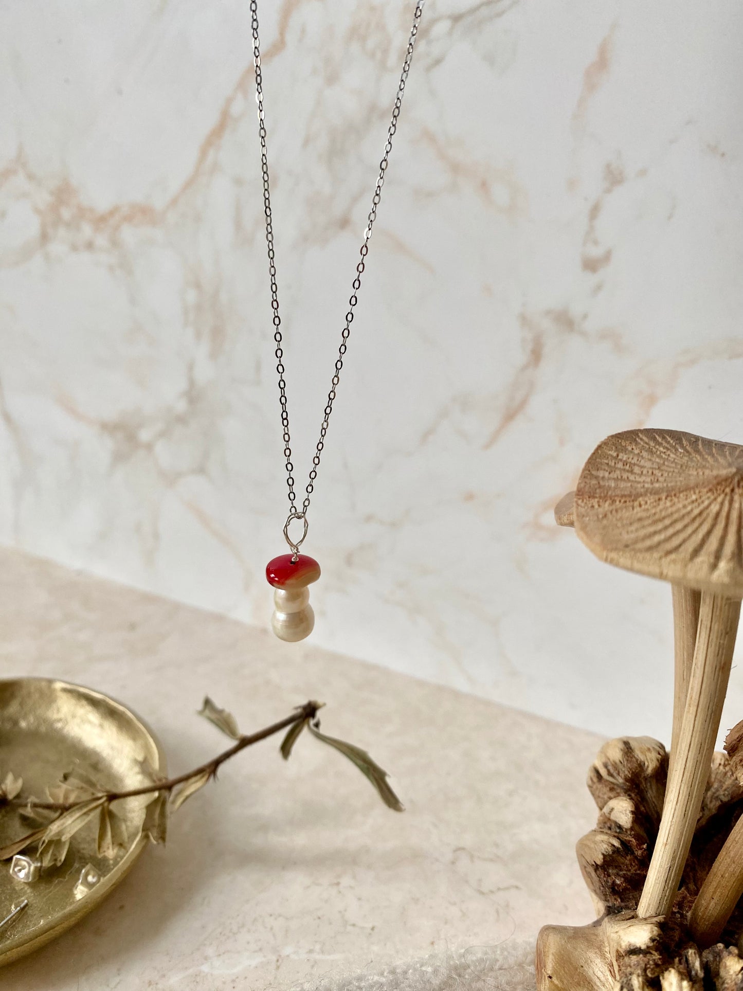 sterling silver glass red mushroom and pearl necklace pendant