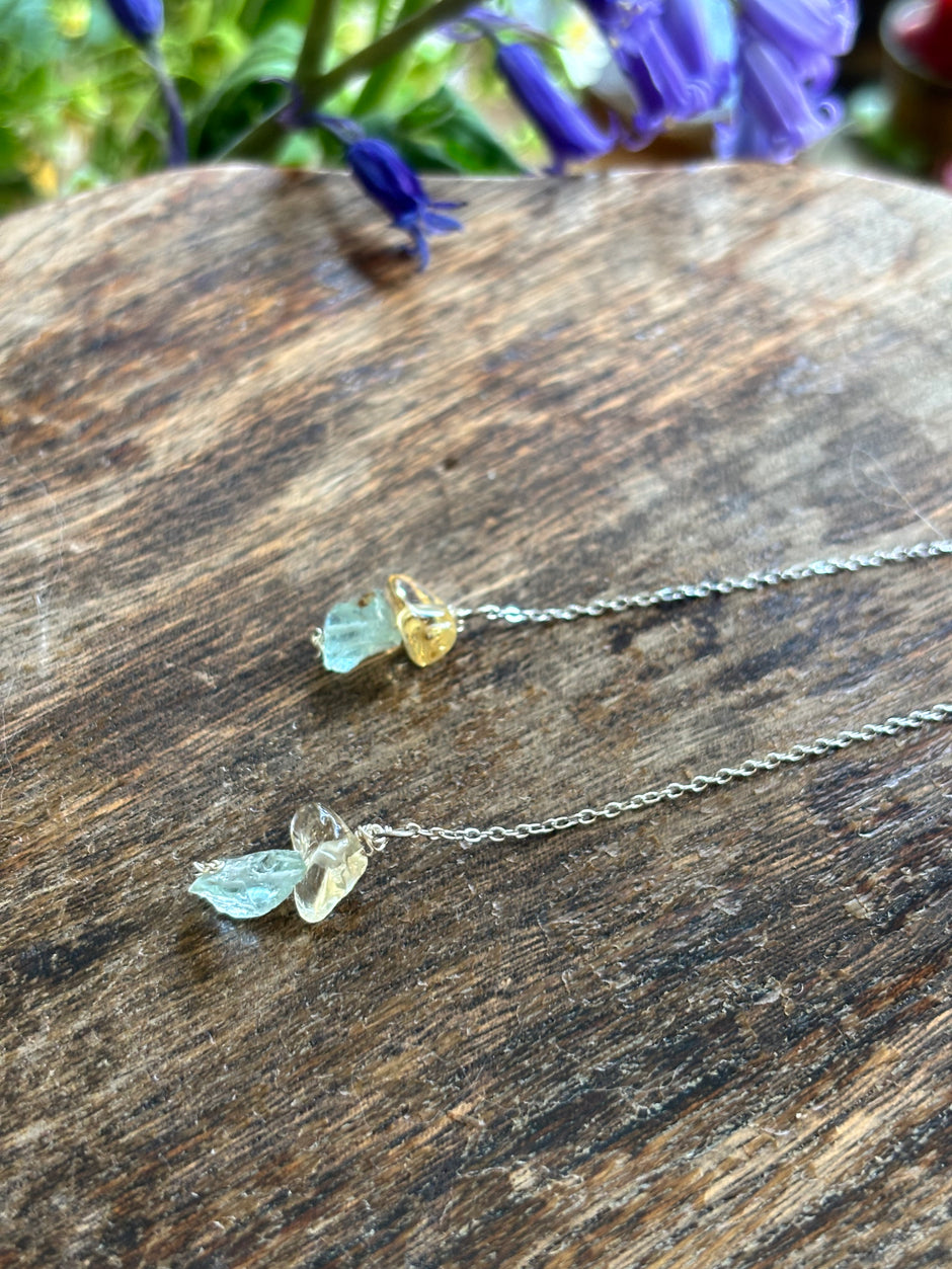 Handmade sterling silver aquamarine and citrine gemstone crystal long dangle earrings