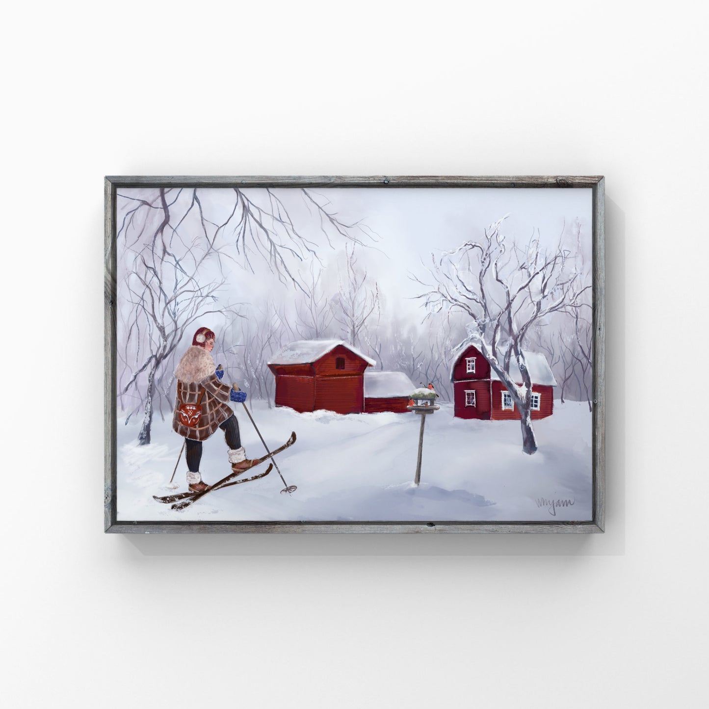 Scandinavian Winter, folk art giclee print of a woman in her telemark skis