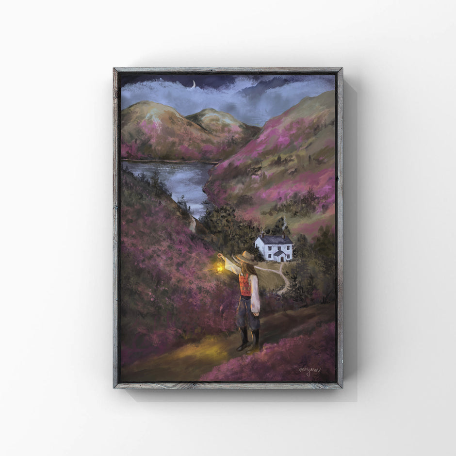 Heather - gouache painting art illustration print ofof a woman walking in Scottish Highlands