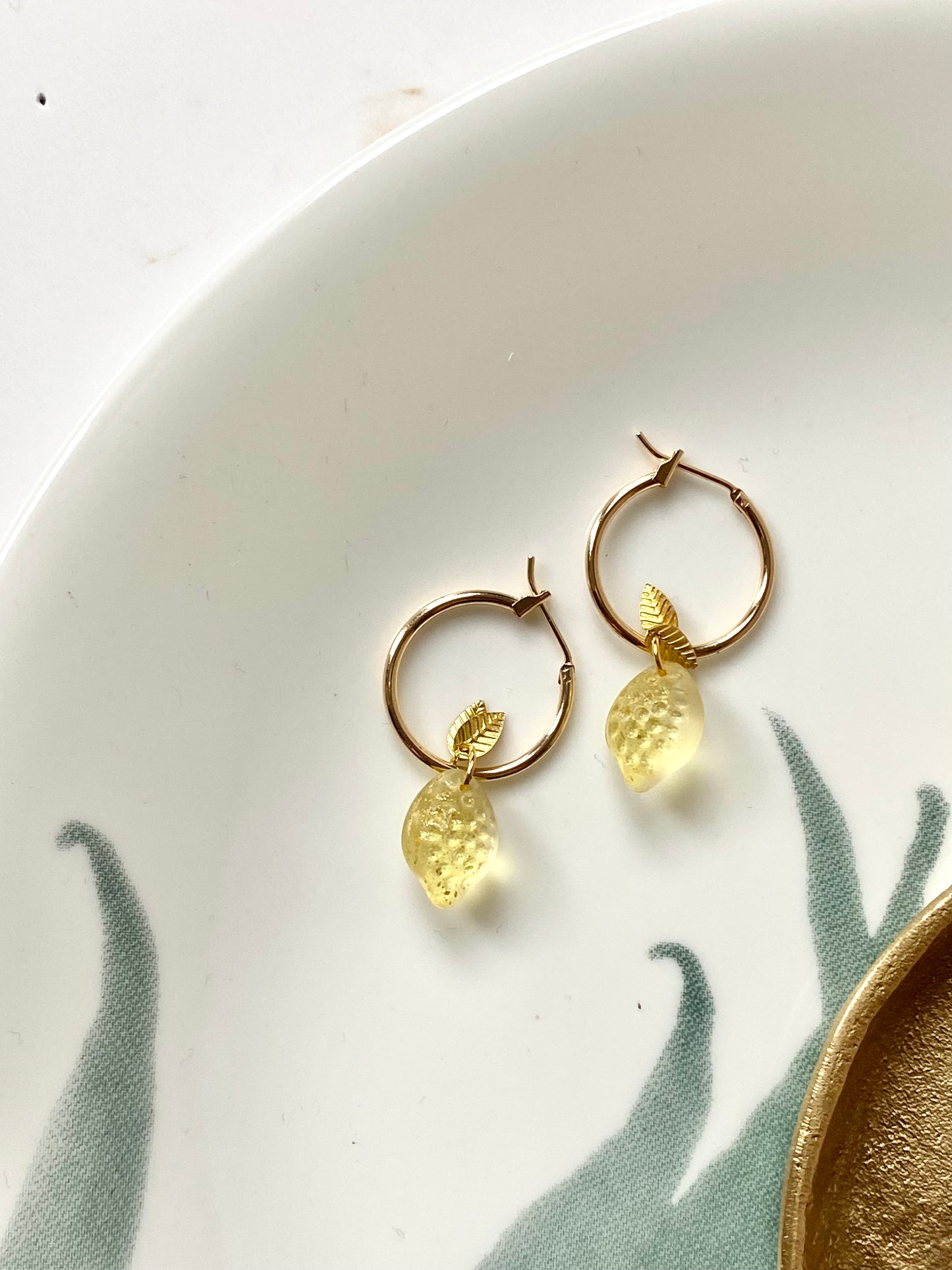 18k Gold plated hoop earrings with glass lemon beads. Perfect gift.