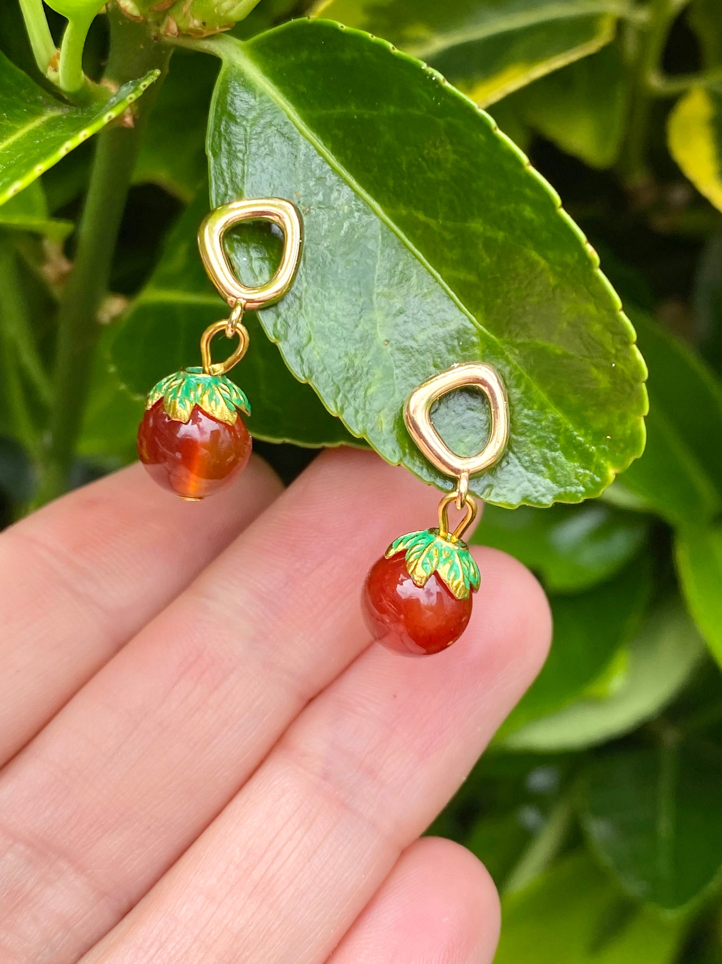 Mini orange fruit earrings with carnelian crystal beads. Perfect gift.