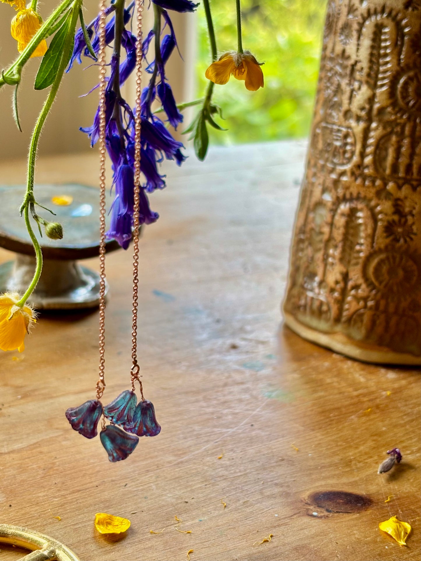 Bluebell glass flower sterling silver thread drop earrings . Perfect gift