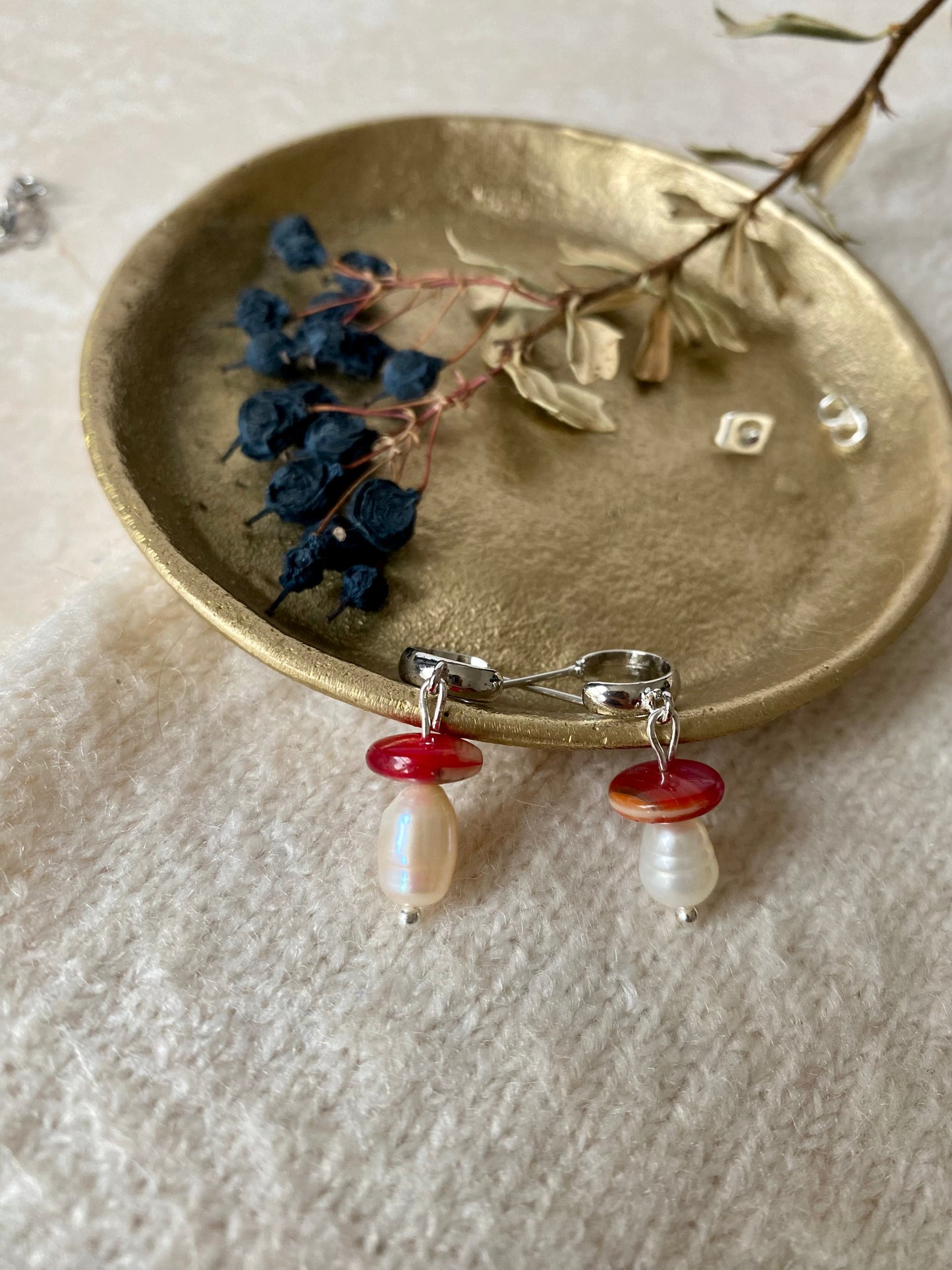 sterling silver glass red mushroom and pearl hoop earrings