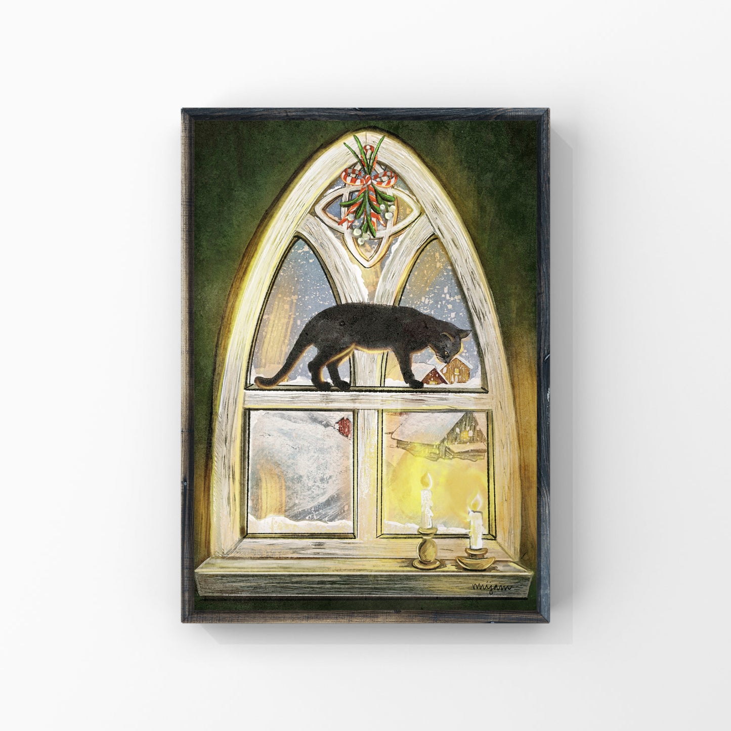 Christmas Meow- a giclee print of a black cat on the window