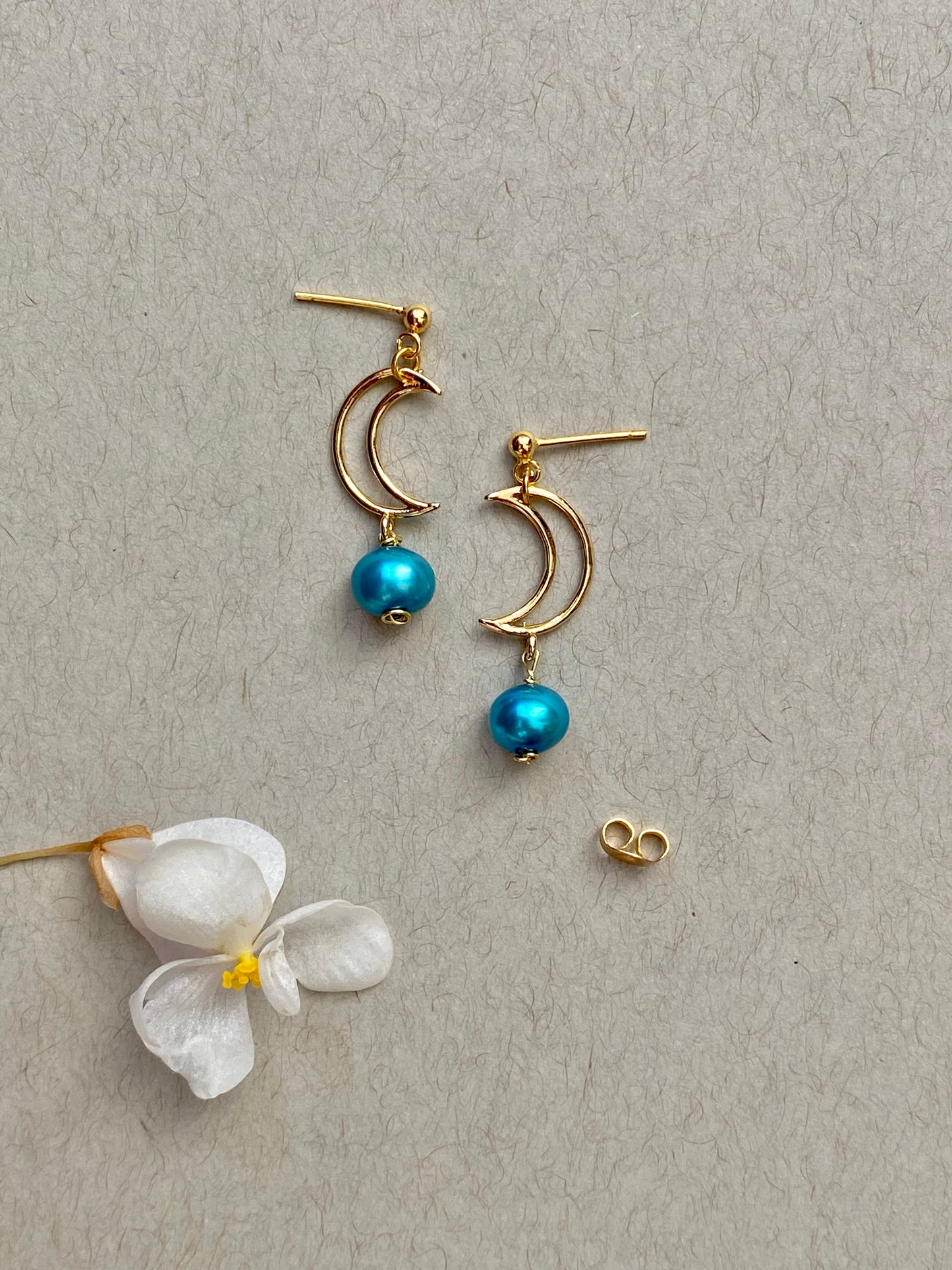 Crescent Moon earrings with blue pearls