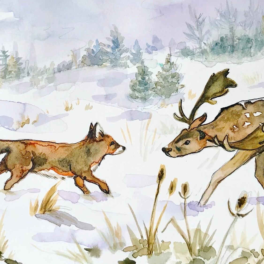 Christmas Greeting - Festive Christmas card print of fox and deer