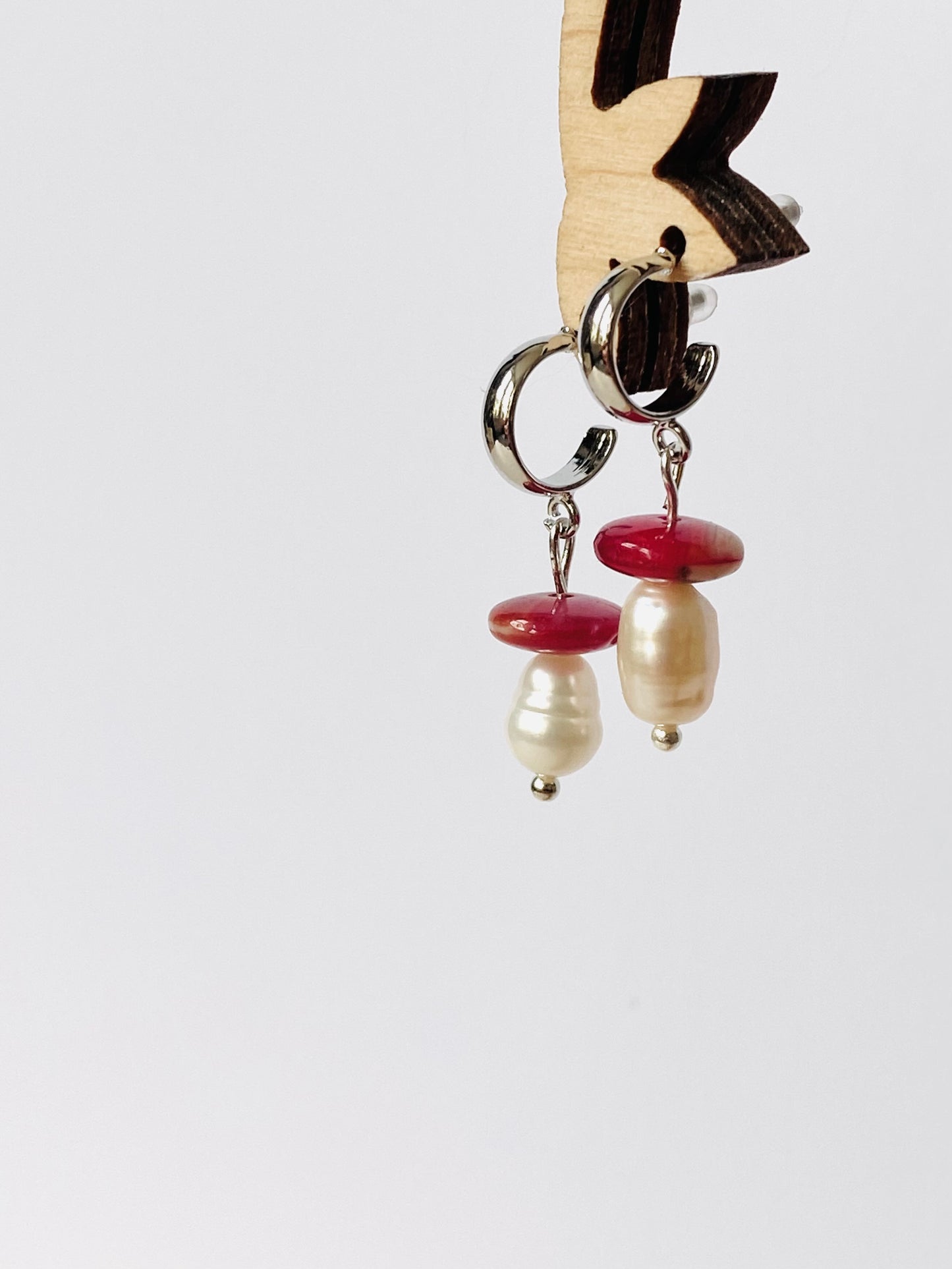 sterling silver glass red mushroom and pearl hoop earrings