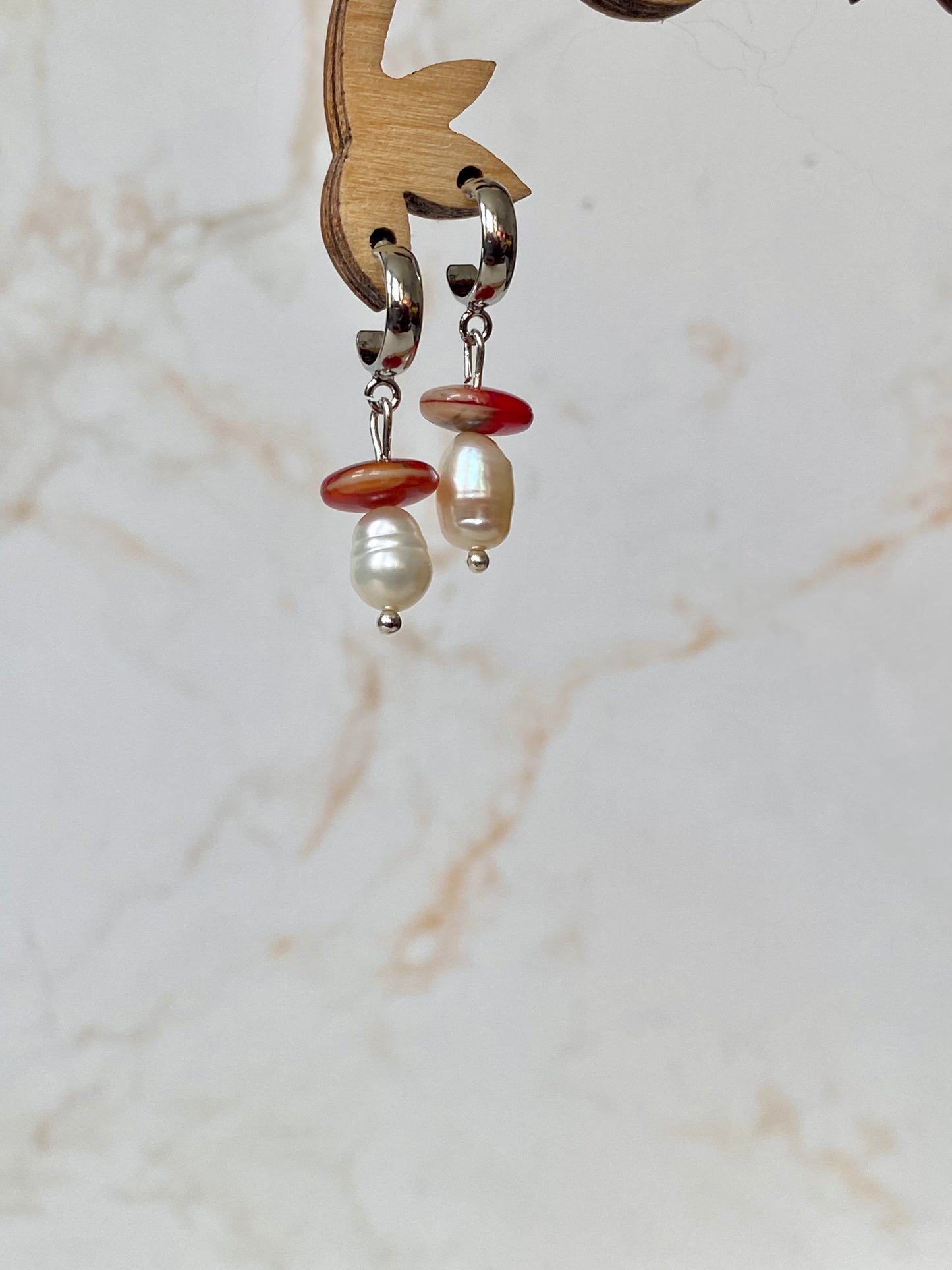 sterling silver glass red mushroom and pearl hoop earrings