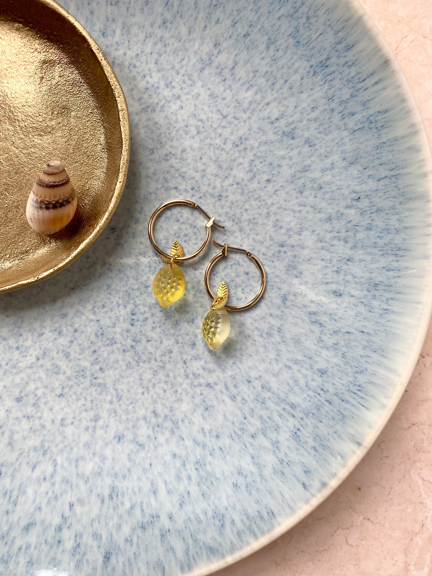 18k Gold plated hoop earrings with glass lemon beads. Perfect gift.