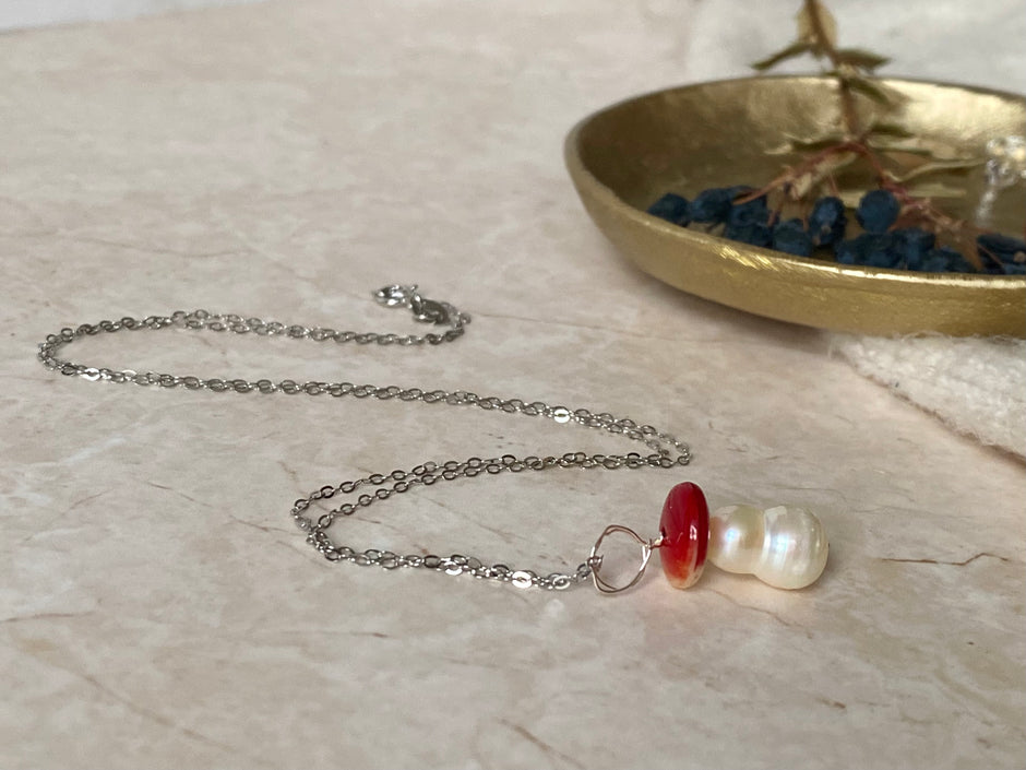 sterling silver glass red mushroom and pearl necklace pendant