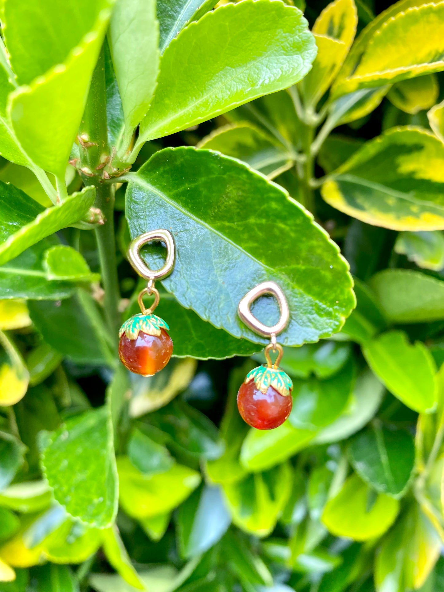 Mini orange fruit earrings with carnelian crystal beads. Perfect gift.