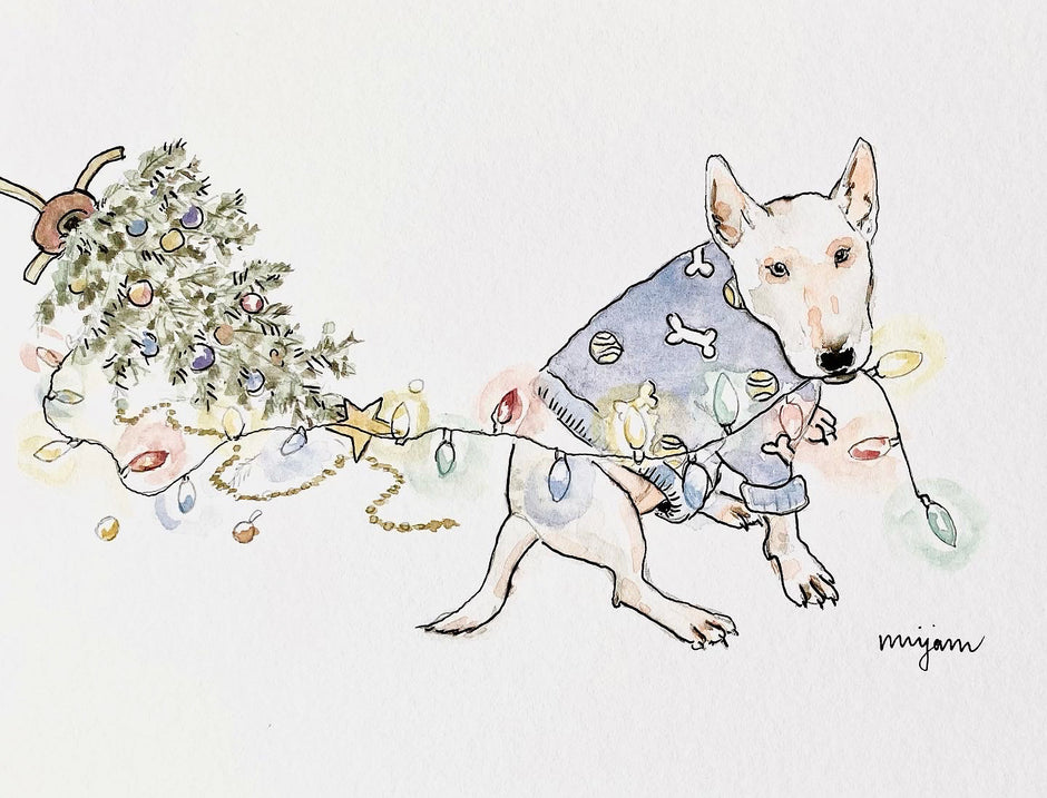 Trouble Maker, Christmas card print watercolour painting art of a naughty dog Bull terrier next to a fallen over Christmas tree.