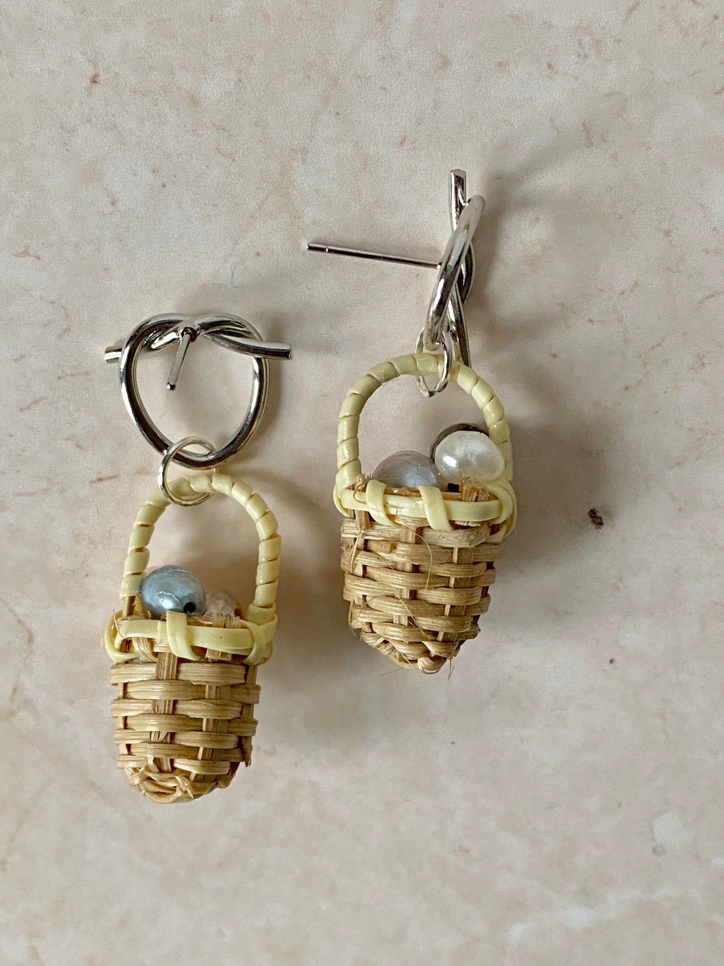 Silver Pearl mini woven basket earrings