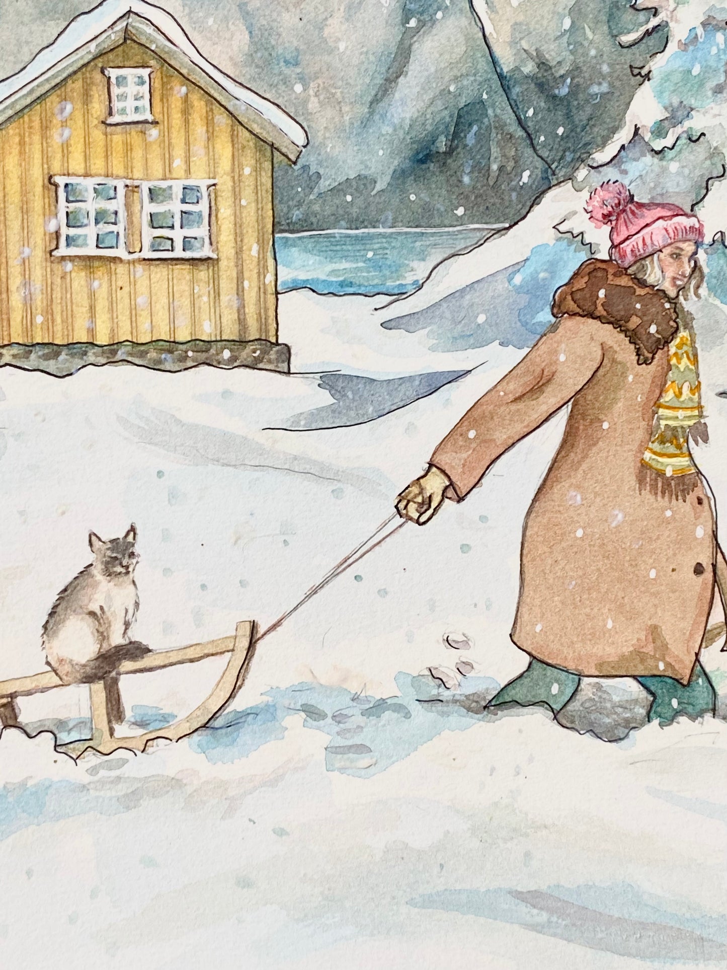 Through the Snow - a giclee print of a girl pulling a Ragdoll cat in snow in wintery landscape