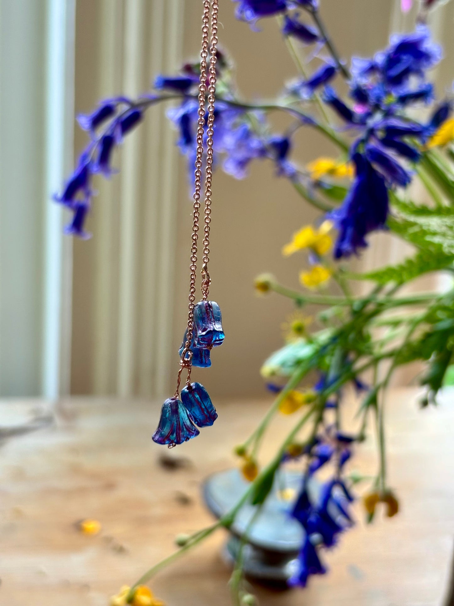 Bluebell glass flower sterling silver thread drop earrings . Perfect gift