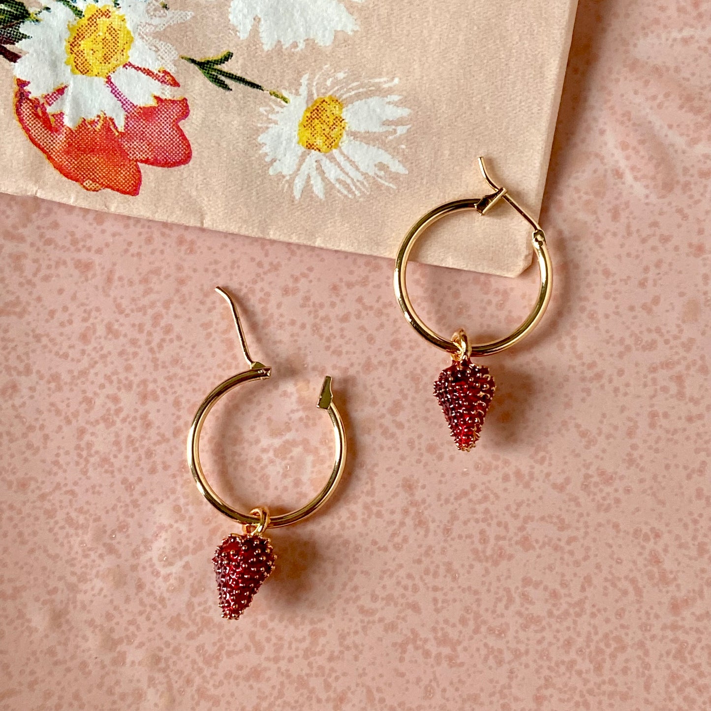 18k Gold plated hoops with wild strawberry beads. Perfect gift.