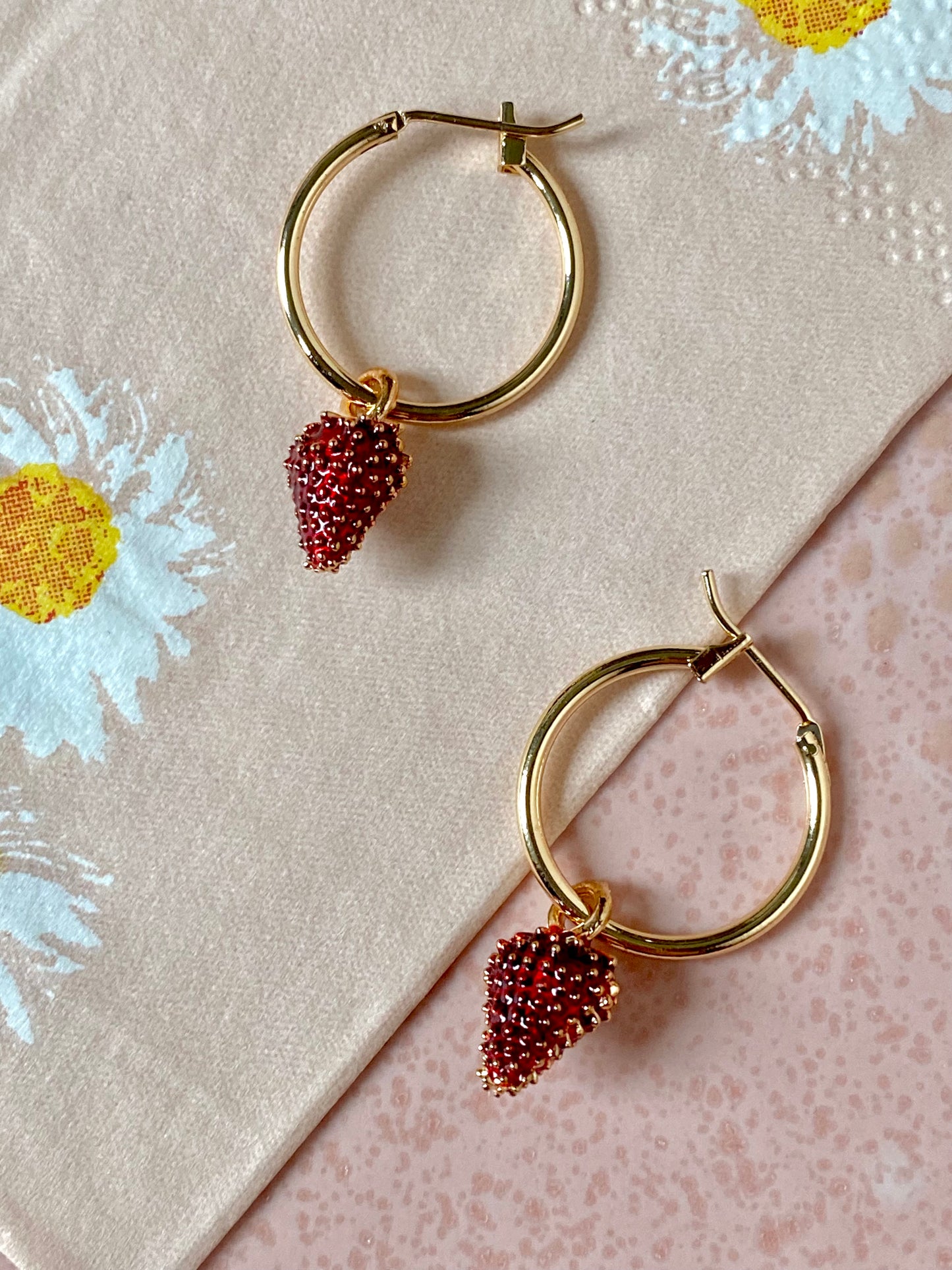 18k Gold plated hoops with wild strawberry beads. Perfect gift.