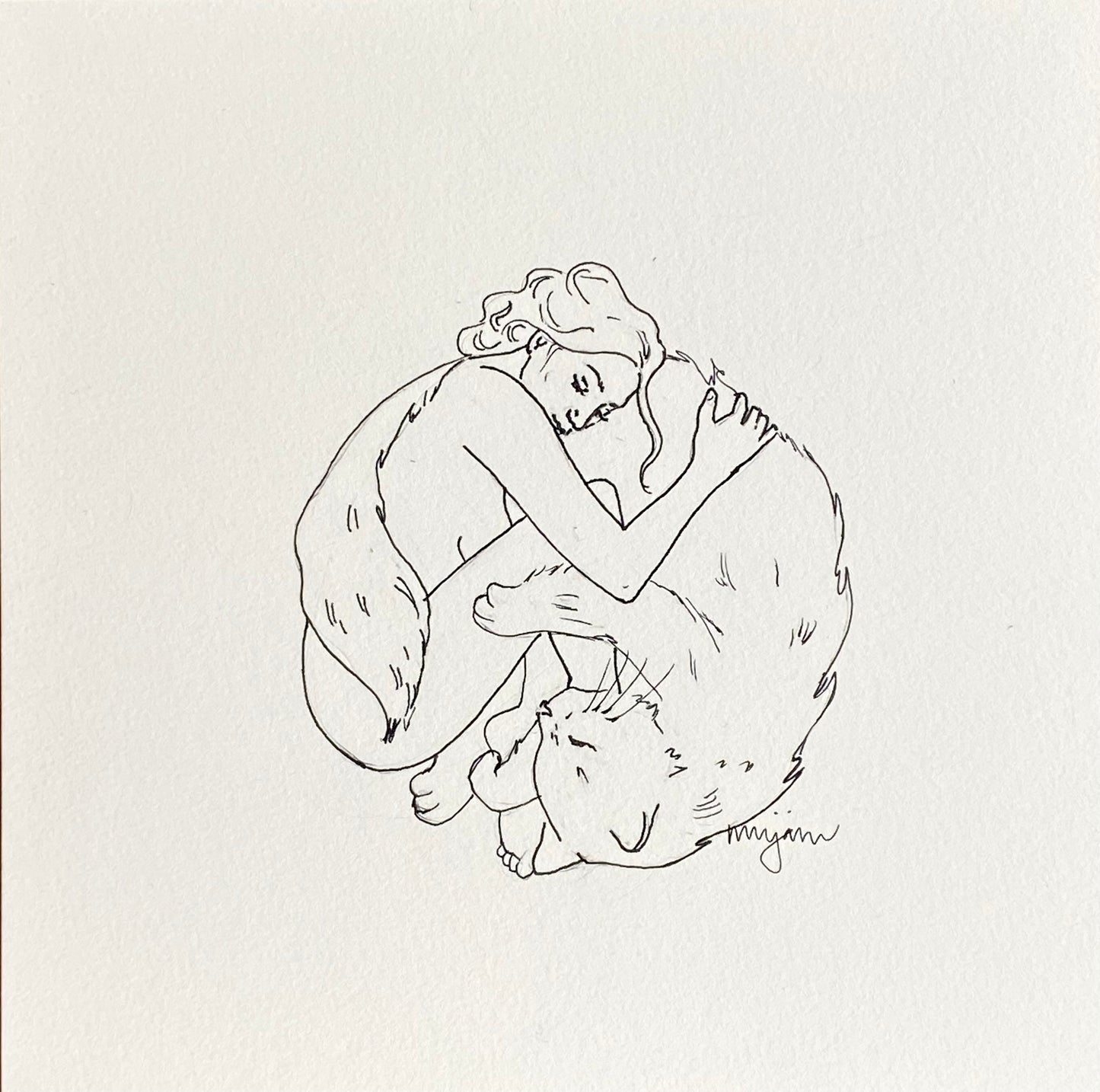 Cat Nap , original ink illustration drawing of a woman and a cat sleeping