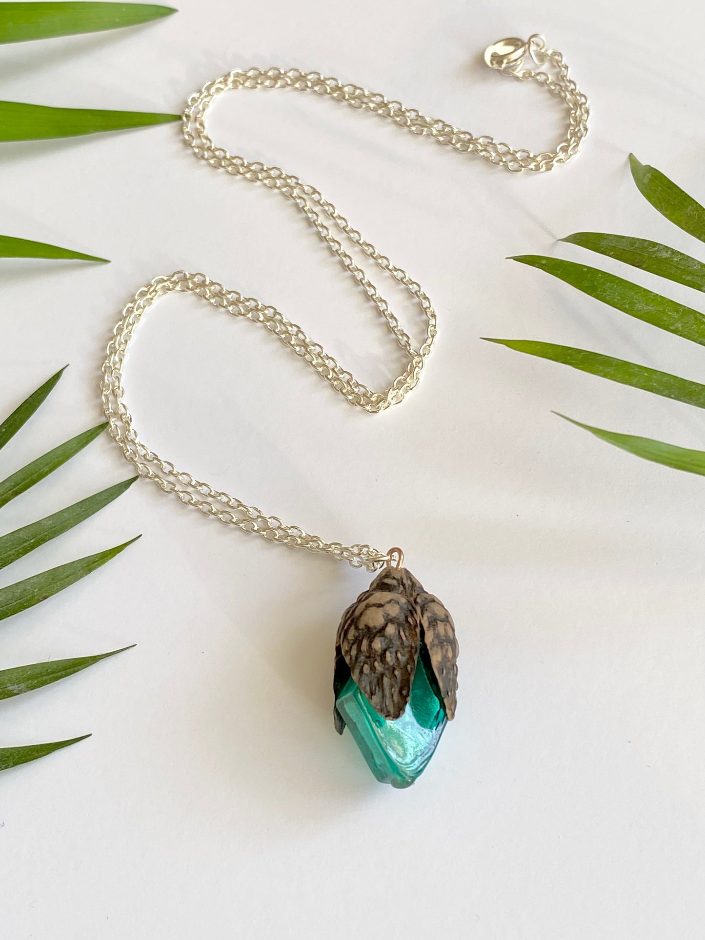 Turquoise glass acorn pendant silver necklace