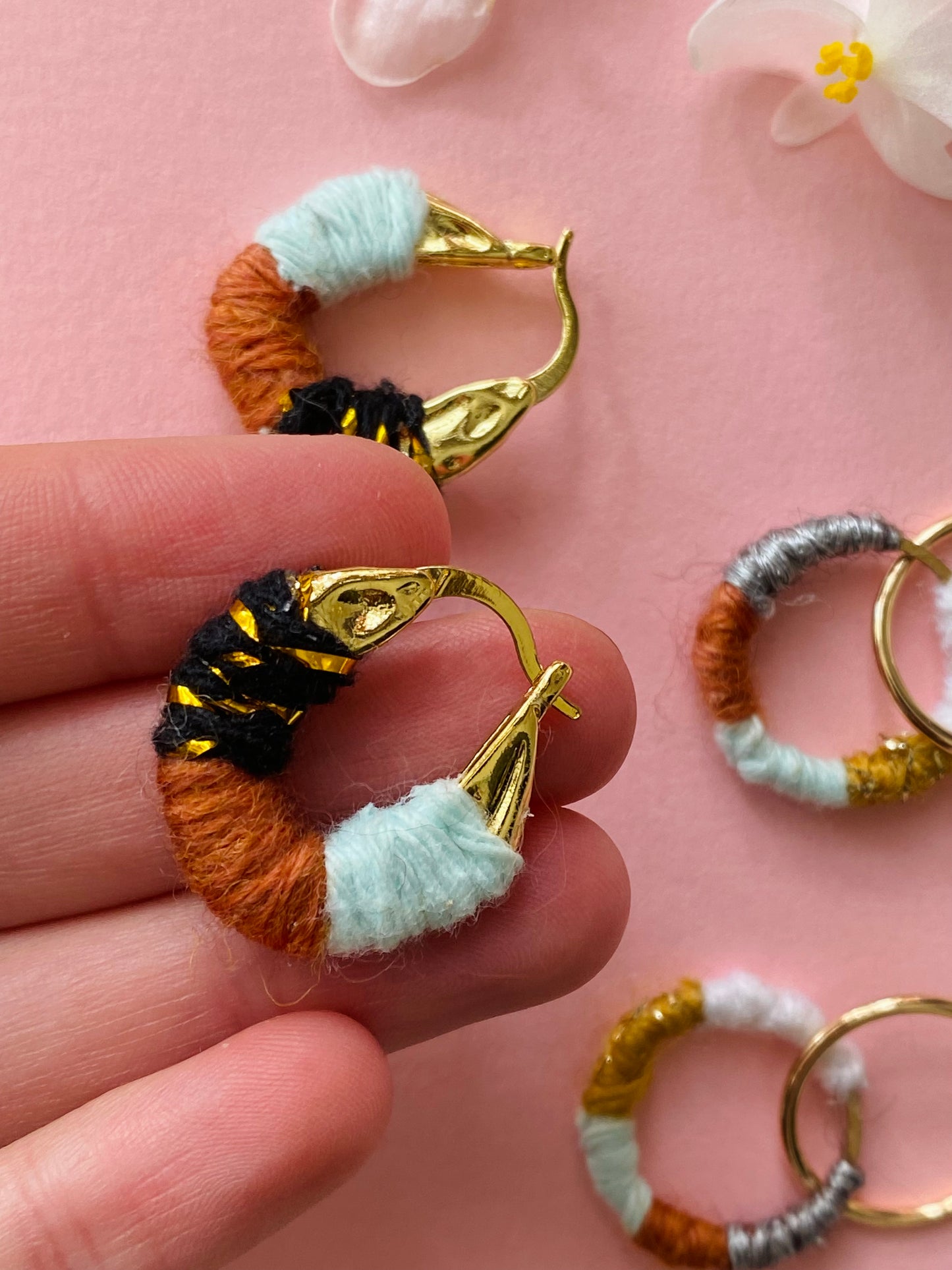 Colourful contrast textured weaved gold hoop ethnic earrings