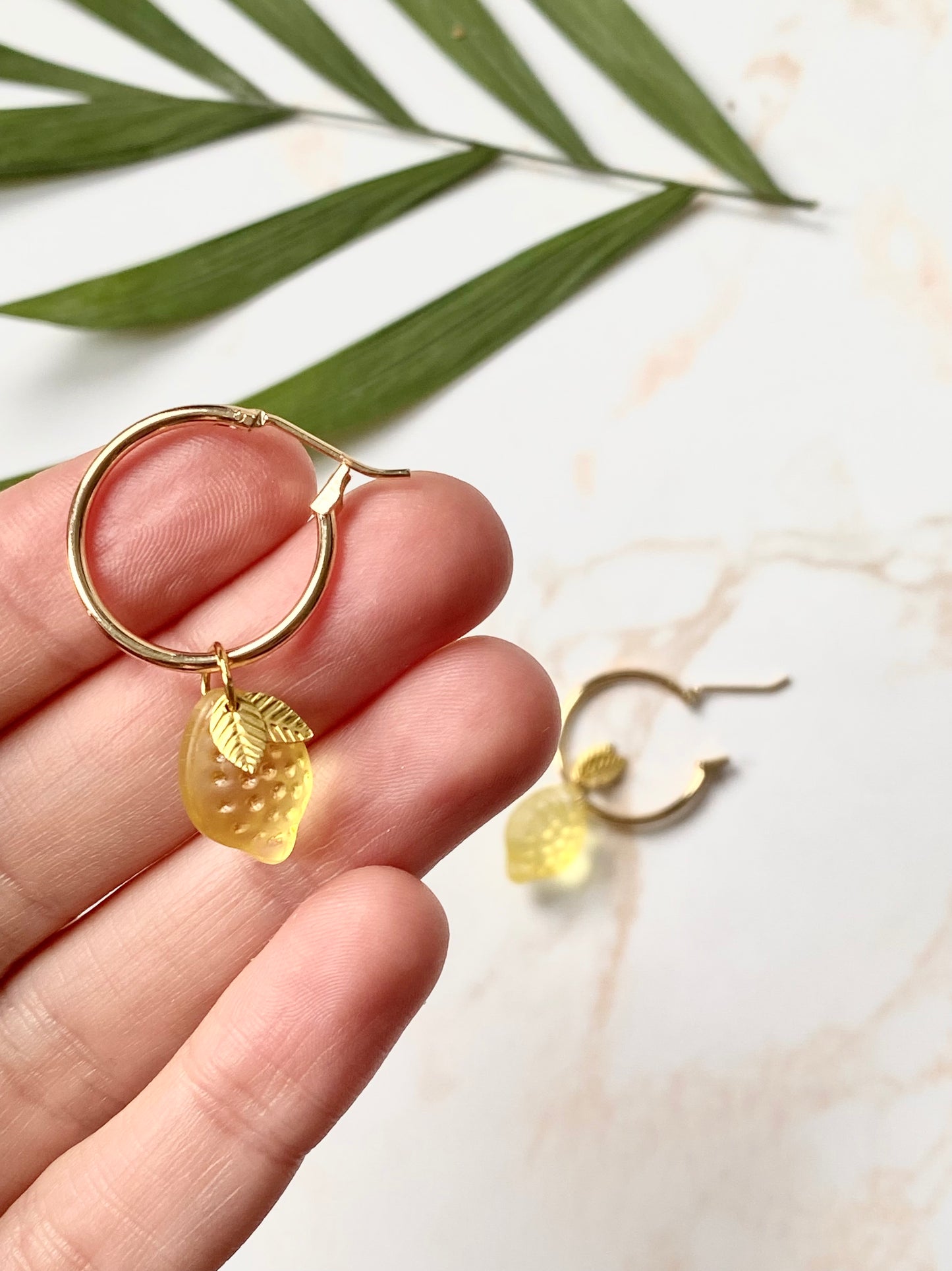 18k Gold plated hoop earrings with glass lemon beads. Perfect gift.