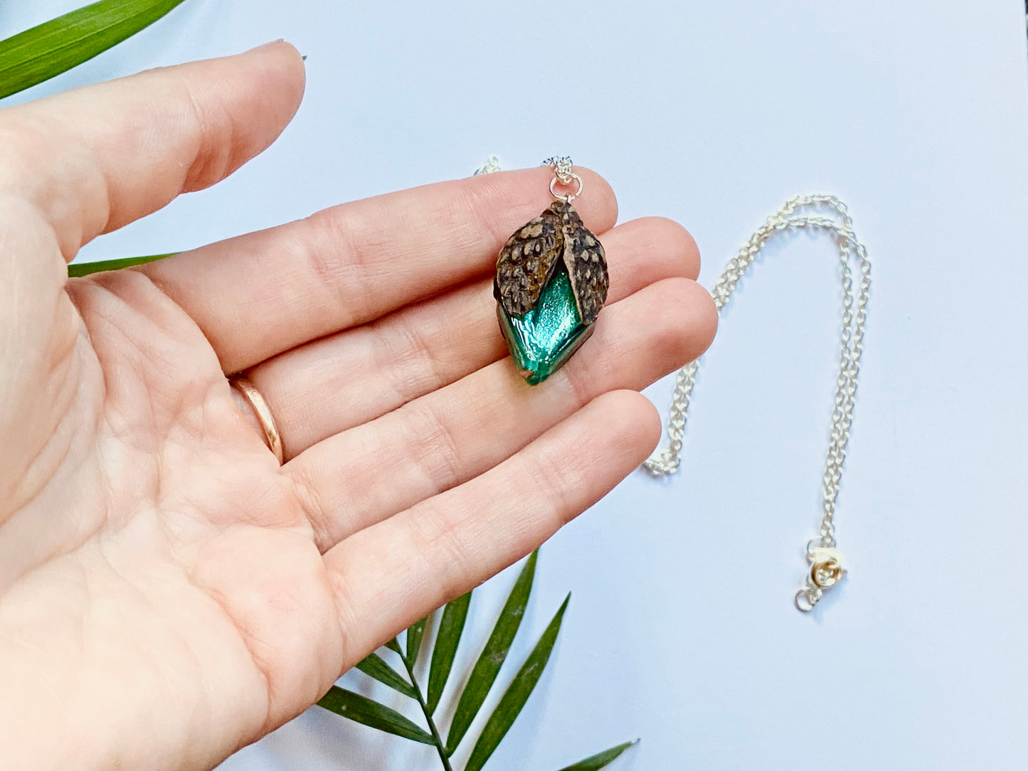 Turquoise glass acorn pendant silver necklace